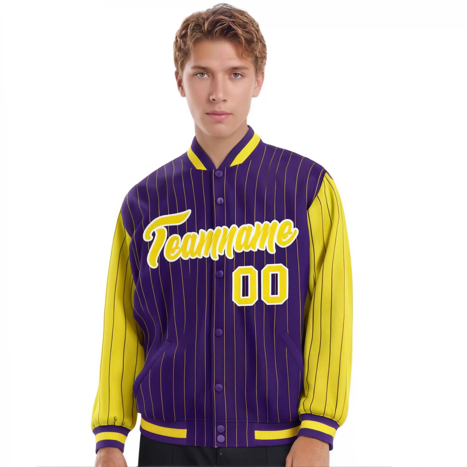 Custom Purple Gold Pinstripe White-Gold Bomber Full-Snap Varsity Letterman Jacket