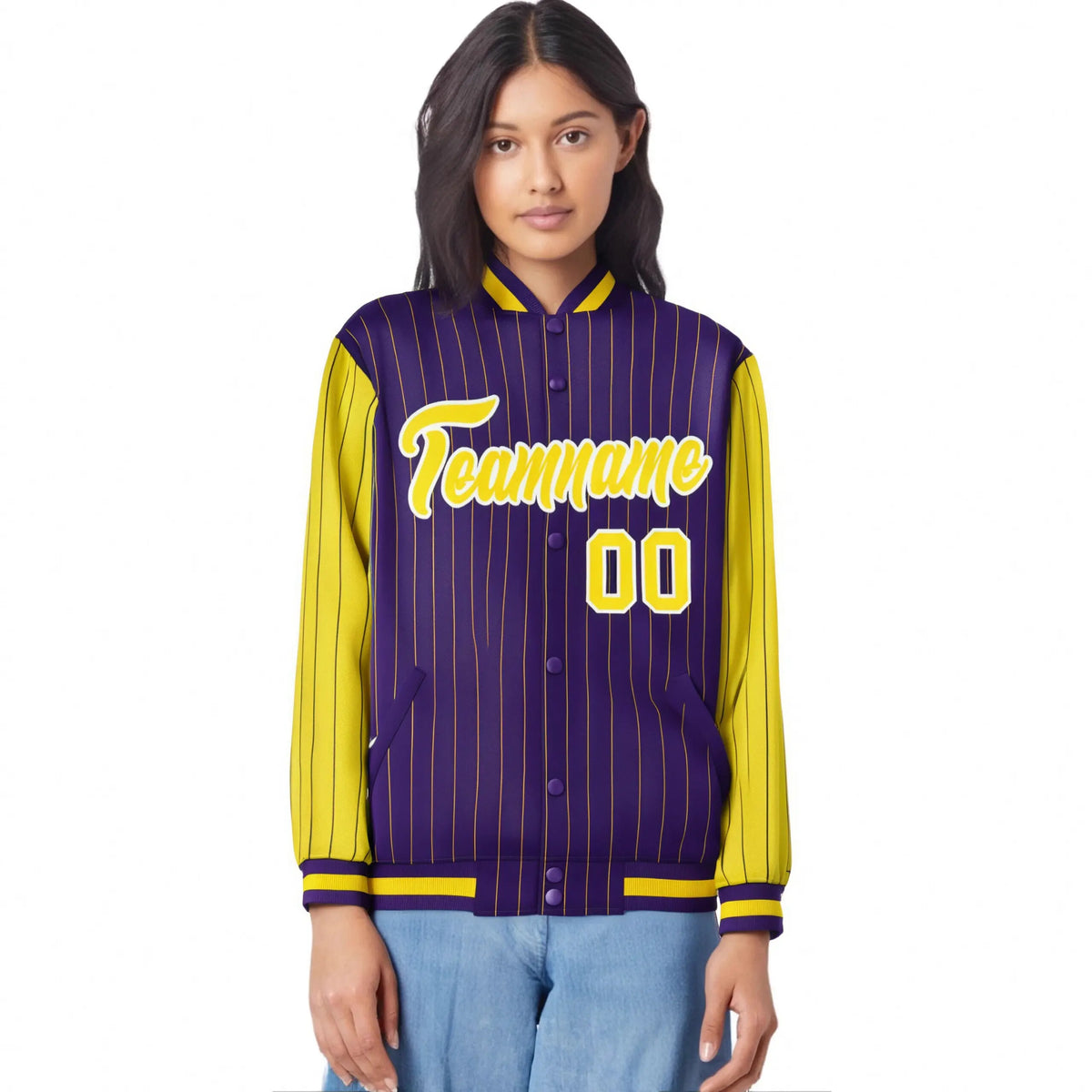 Custom Purple Gold Pinstripe White-Gold Bomber Full-Snap Varsity Letterman Jacket