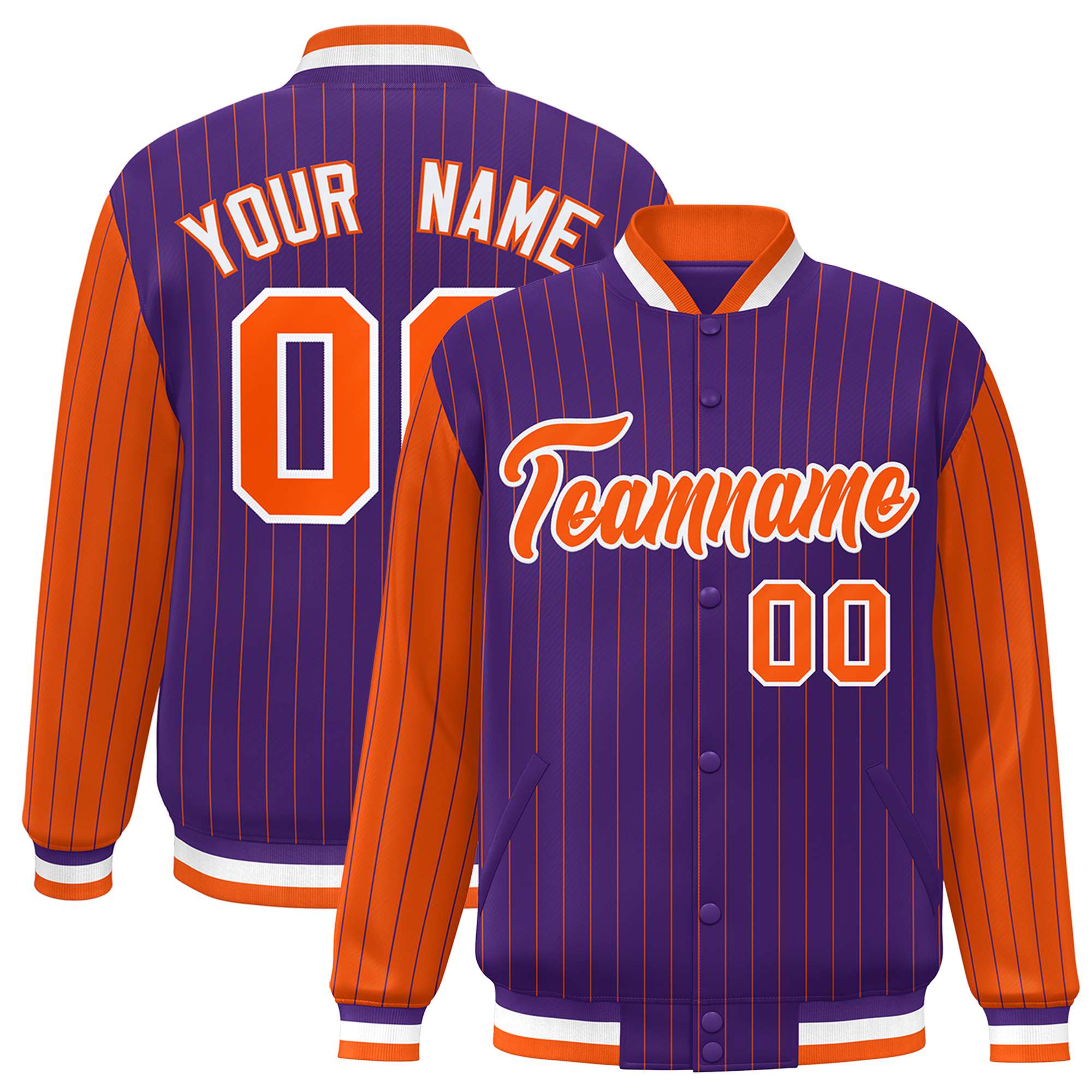 Custom Purple Orange Pinstripe White-Orange Bomber Full-Snap Varsity Letterman Jacket