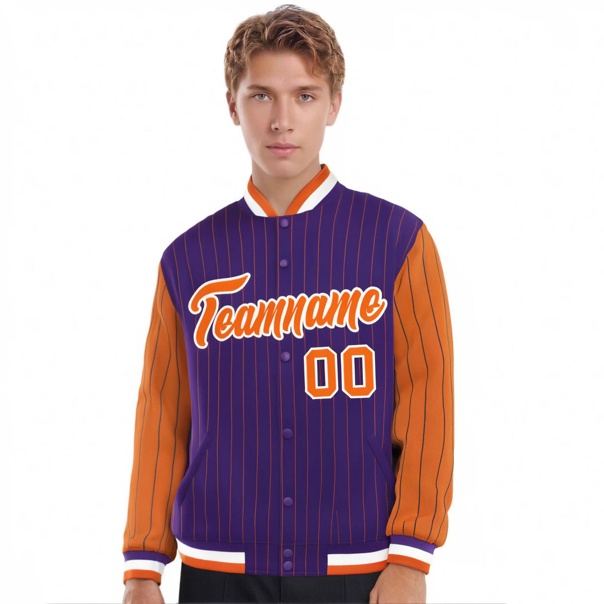 Custom Purple Orange Pinstripe White-Orange Bomber Full-Snap Varsity Letterman Jacket