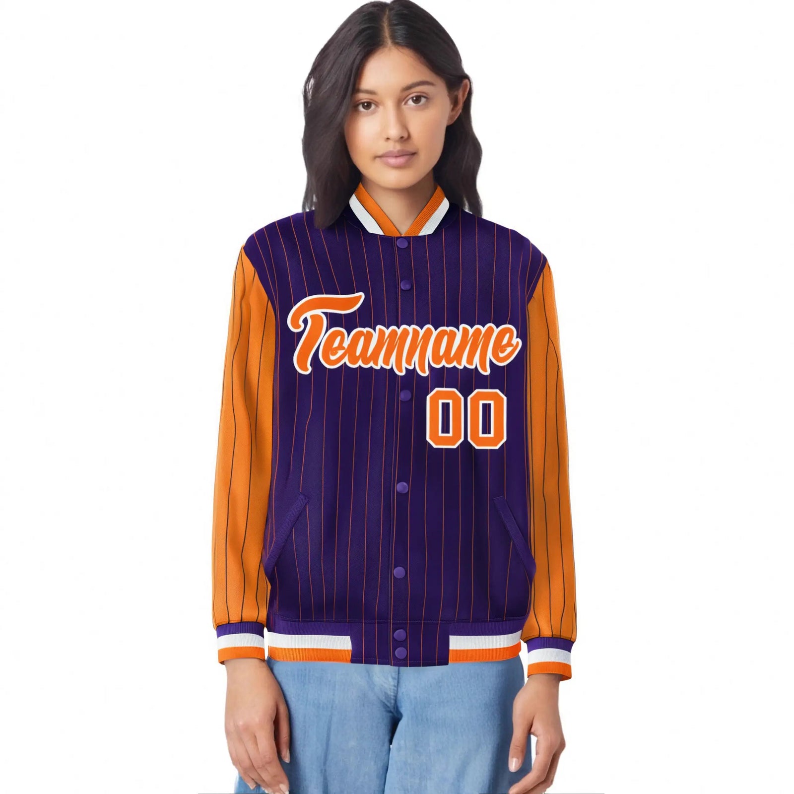 Custom Purple Orange Pinstripe White-Orange Bomber Full-Snap Varsity Letterman Jacket