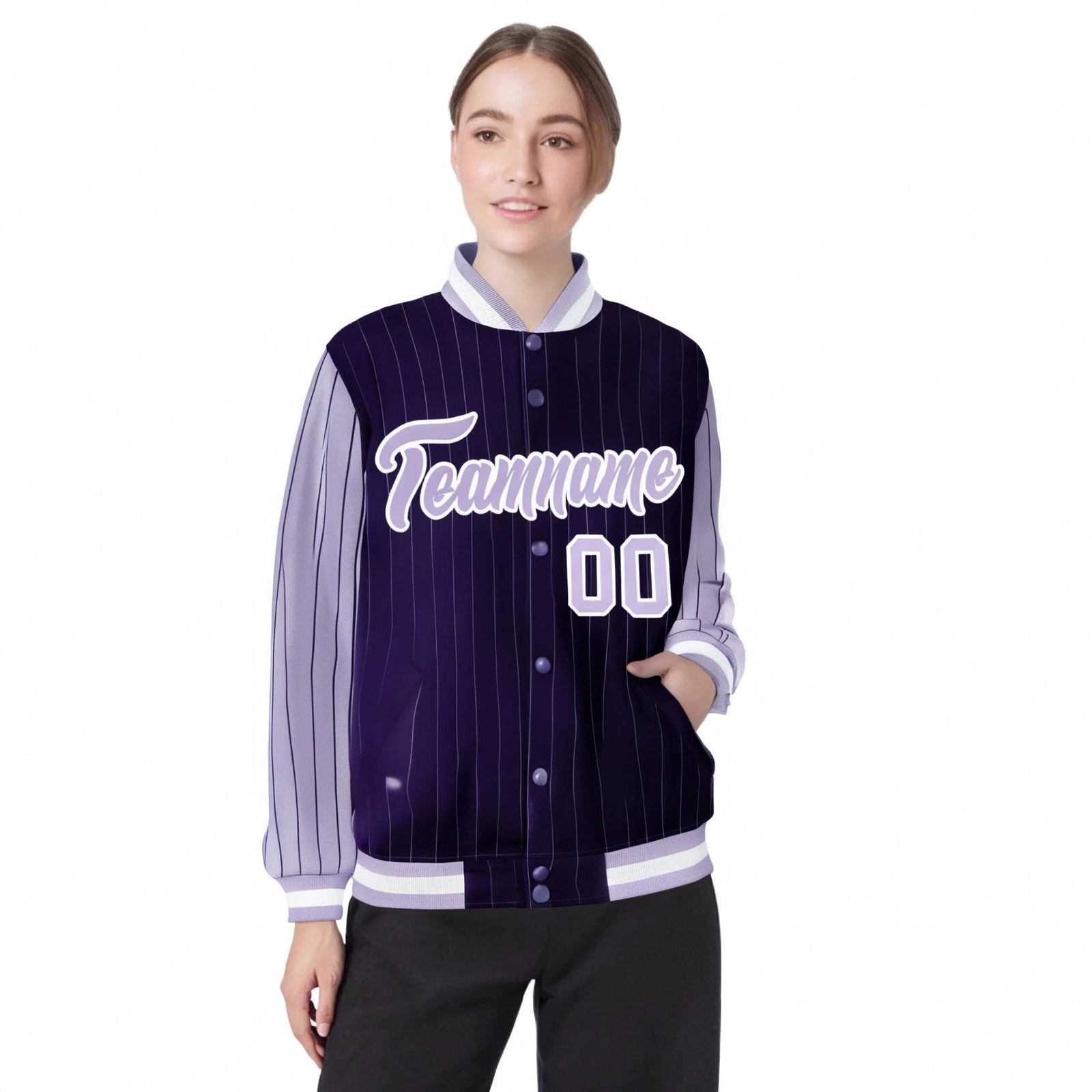 Custom Purple Light-Purple Pinstripe White Light-Purple Bomber Full-Snap Varsity Letterman Jacket