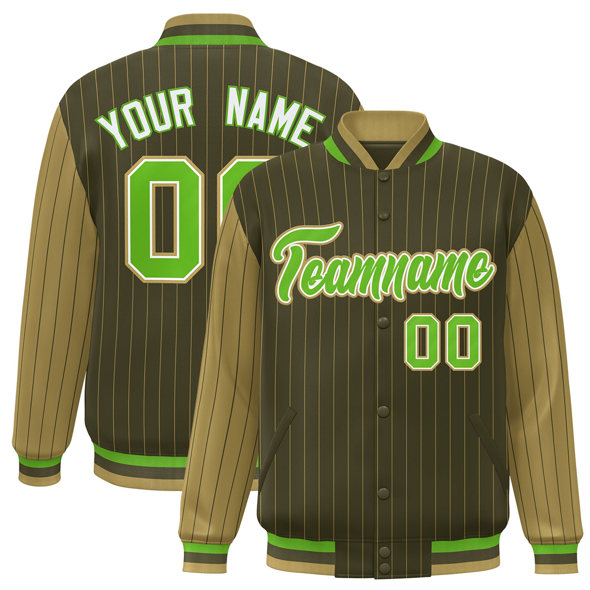 Custom Brown Light-Brown Pinstripe White Neon-Green Bomber Full-Snap Varsity Letterman Jacket