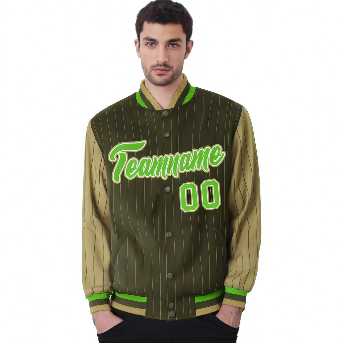 Custom Brown Light-Brown Pinstripe White Neon-Green Bomber Full-Snap Varsity Letterman Jacket