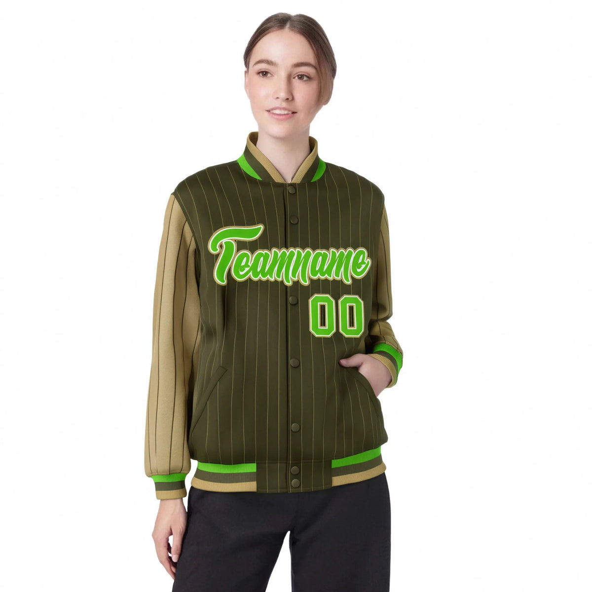 Custom Brown Light-Brown Pinstripe White Neon-Green Bomber Full-Snap Varsity Letterman Jacket