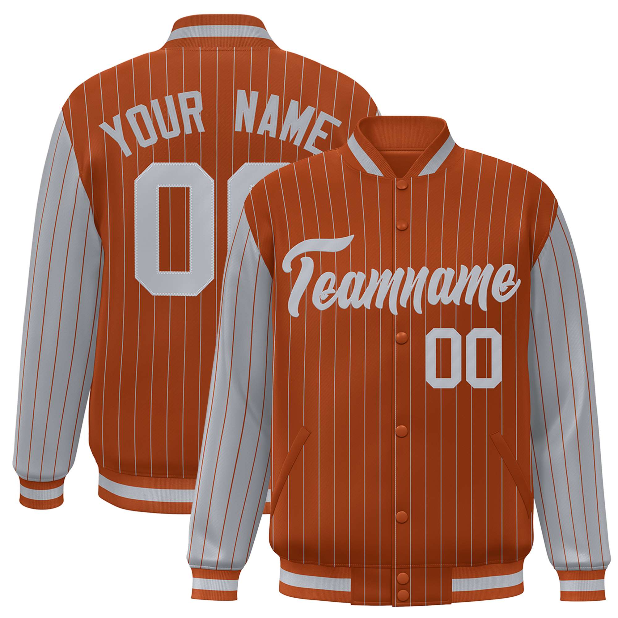 Custom Munsell Gray Pinstripe Gray Bomber Full-Snap Varsity Letterman Jacket