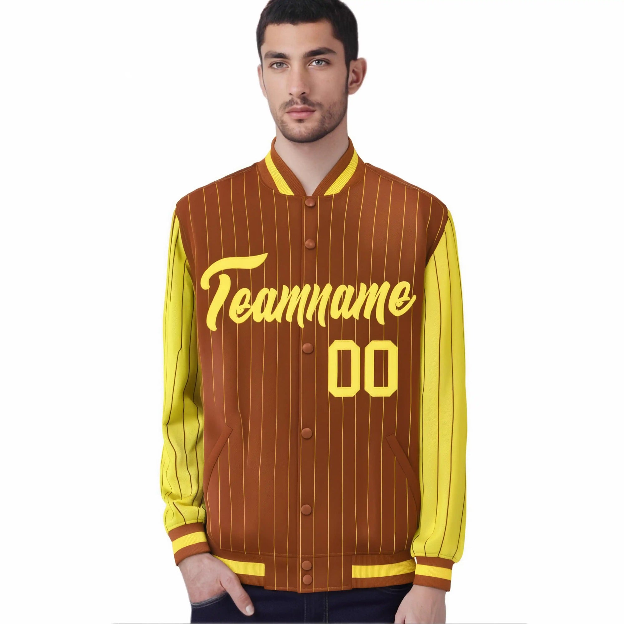 Custom Munsell Gold Pinstripe Gold Bomber Full-Snap Varsity Letterman Jacket