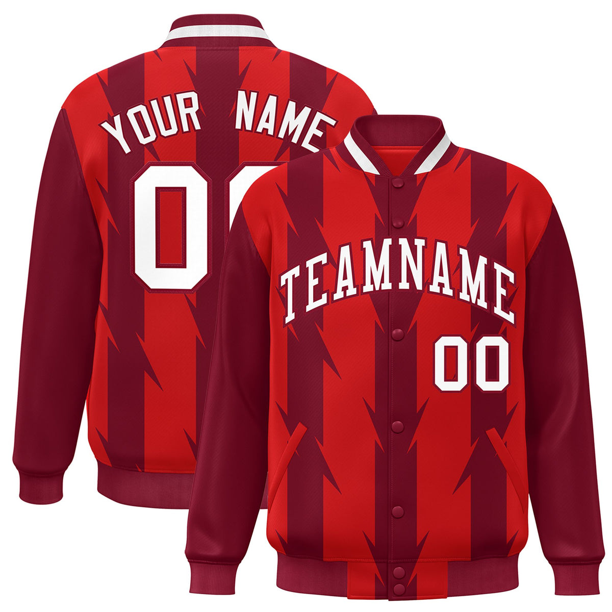 Custom Red Crimson-White Blade Graffiti Pattern Varsity Full-Snap Jacket