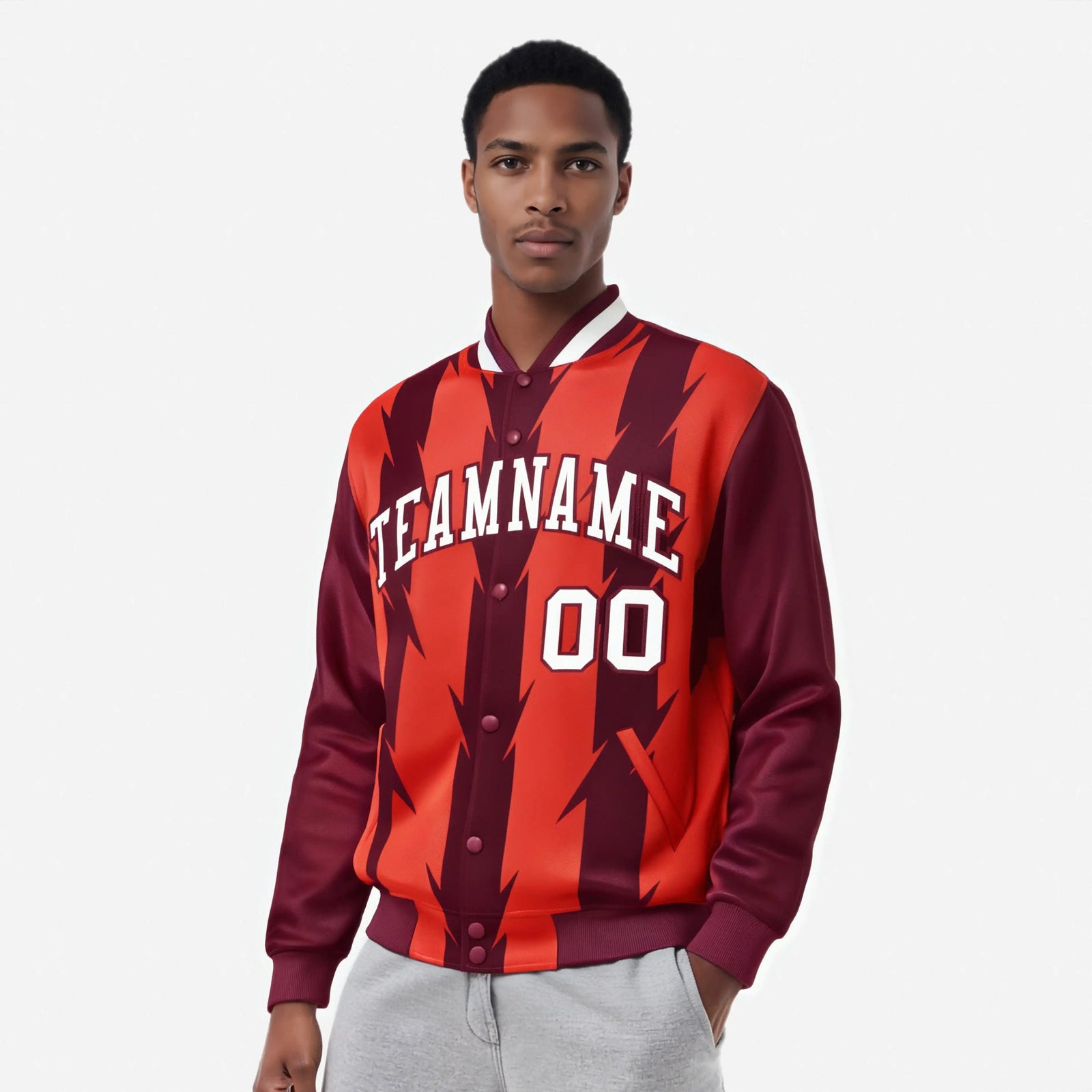 Custom Red Crimson-White Blade Graffiti Pattern Varsity Full-Snap Jacket