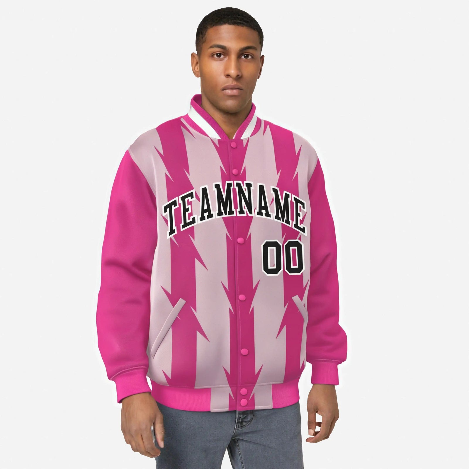 Custom Pink Light Pink Black-White Blade Graffiti Pattern Varsity Full-Snap Jacket