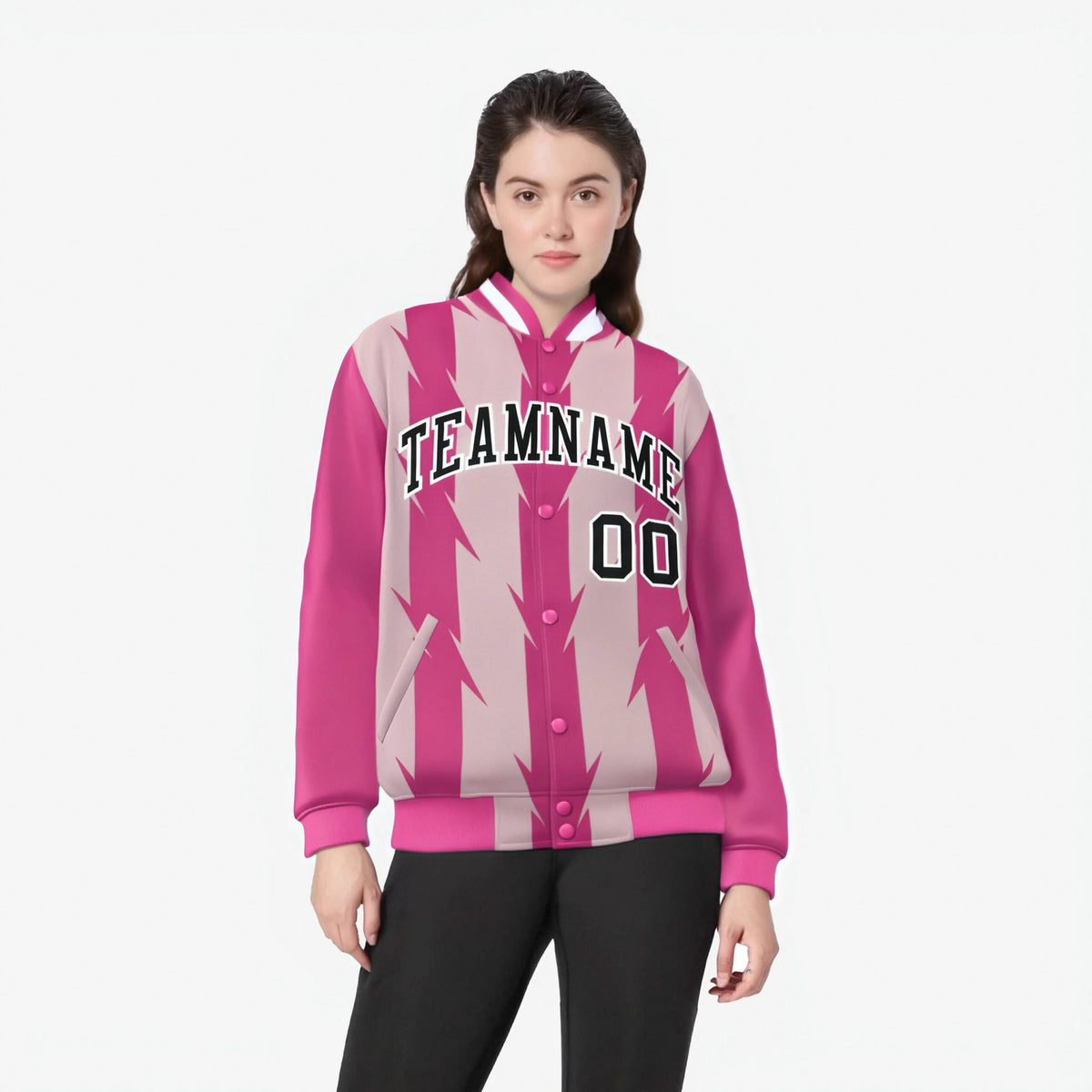 Custom Pink Light Pink Black-White Blade Graffiti Pattern Varsity Full-Snap Jacket