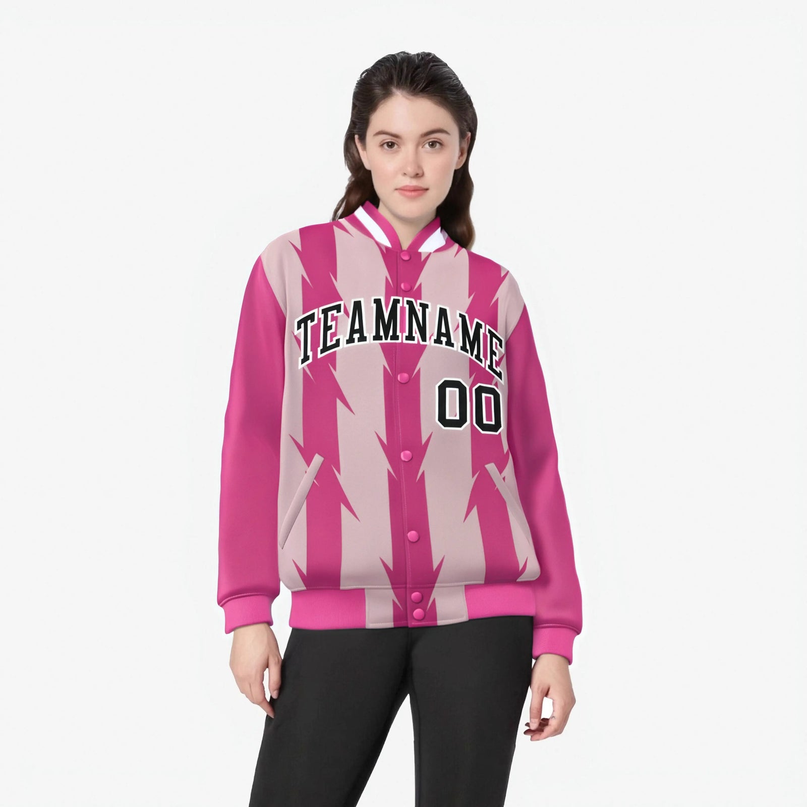 Custom Pink Light Pink Black-White Blade Graffiti Pattern Varsity Full-Snap Jacket