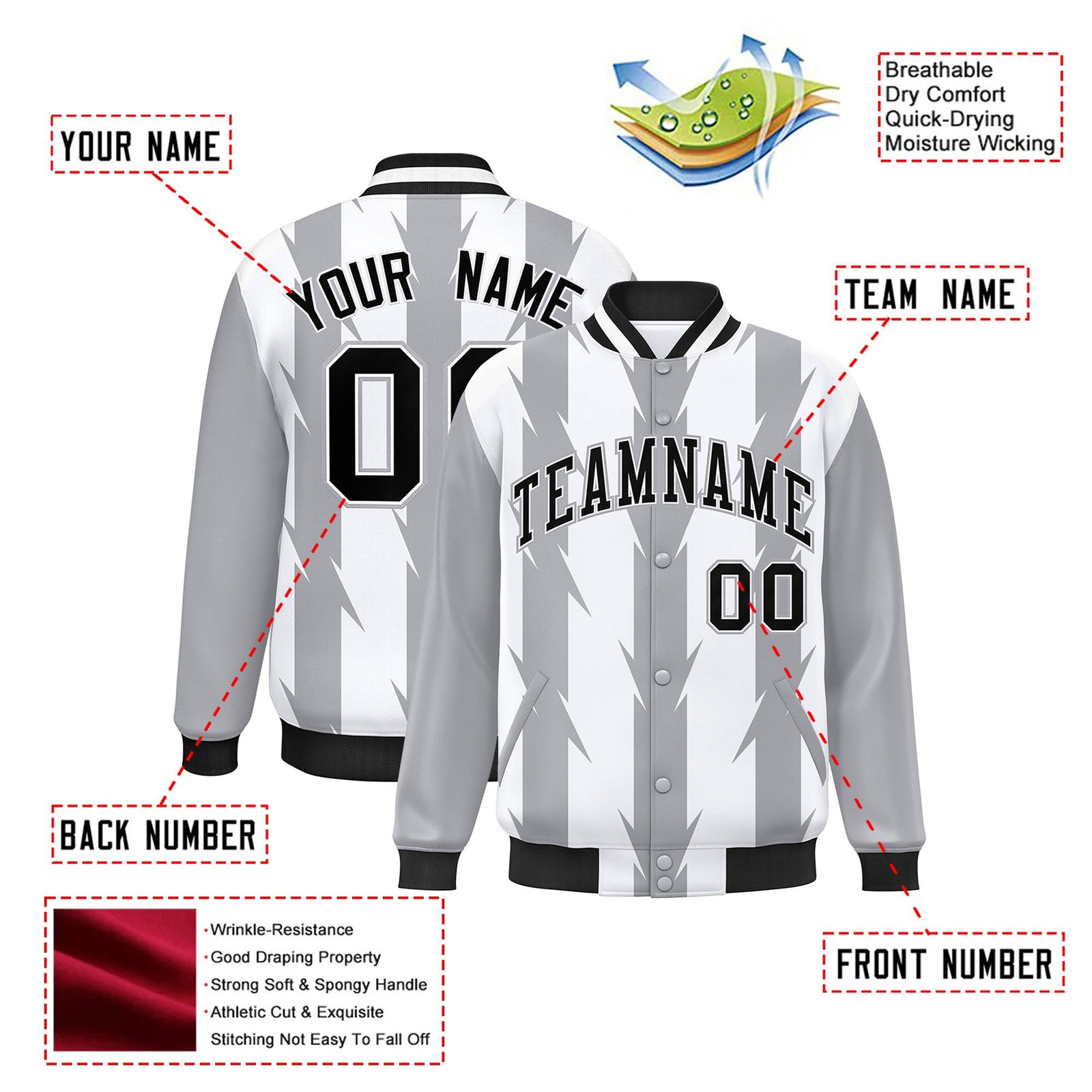 Custom White Gray-Black Blade Graffiti Pattern Varsity Full-Snap Jacket