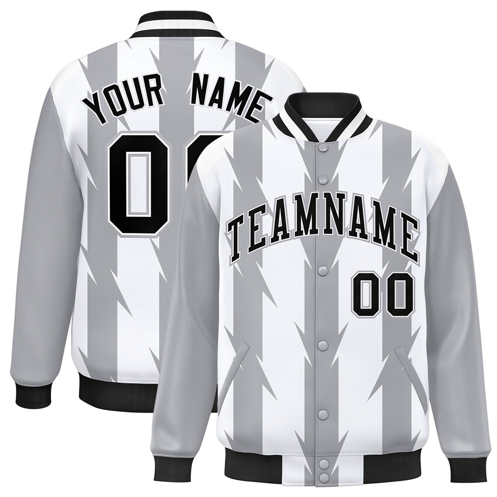 Custom White Gray-Black Blade Graffiti Pattern Varsity Full-Snap Jacket