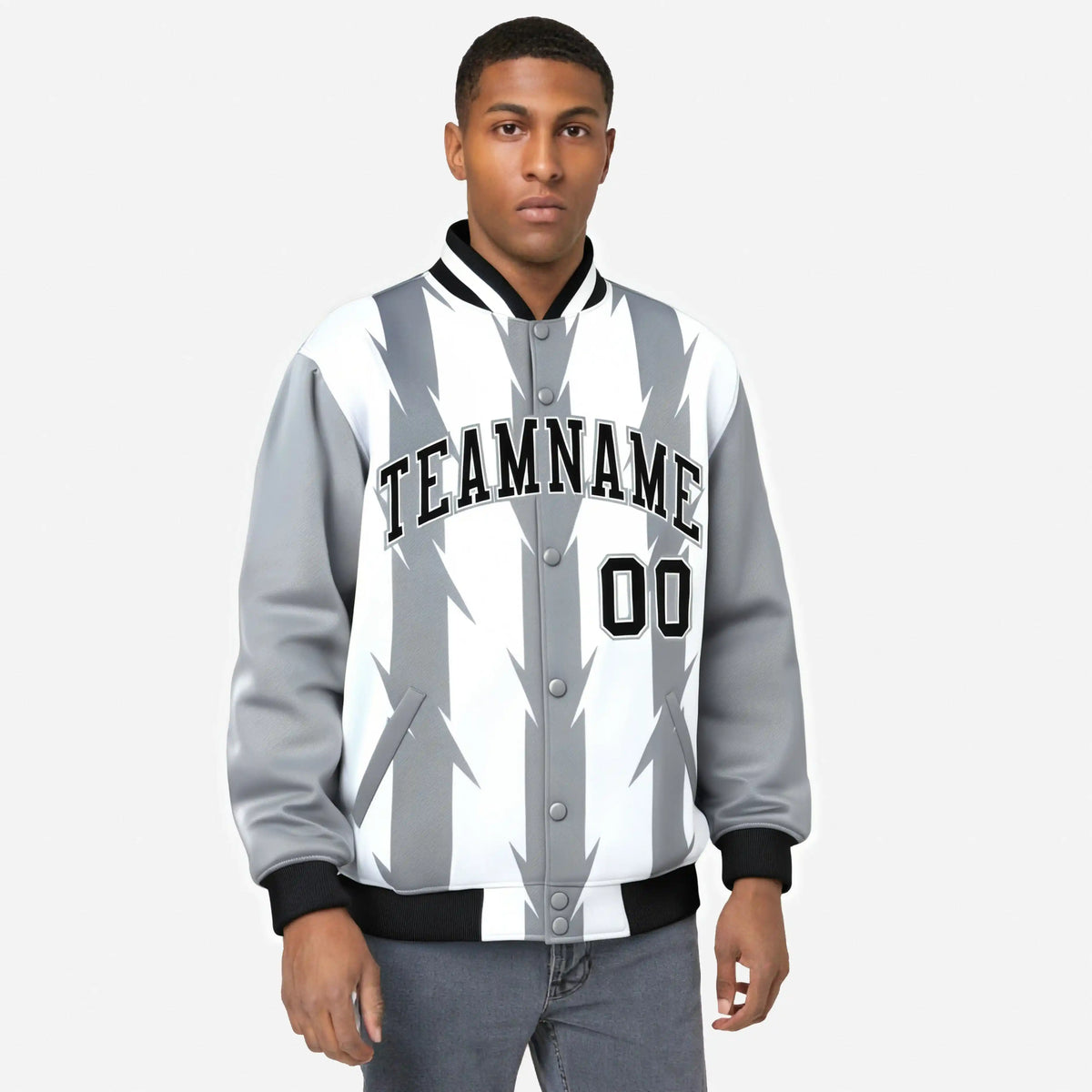 Custom White Gray-Black Blade Graffiti Pattern Varsity Full-Snap Jacket