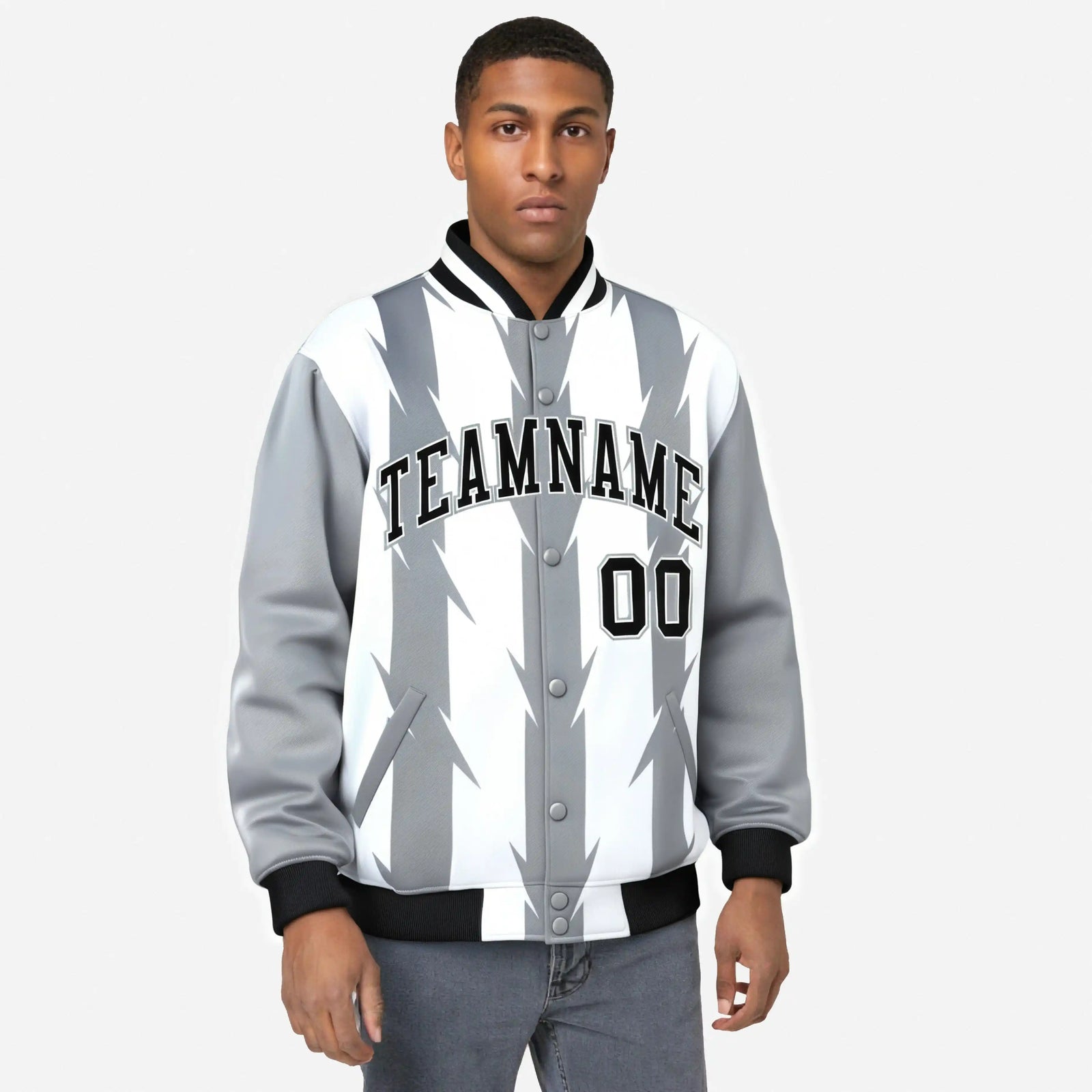 Custom White Gray-Black Blade Graffiti Pattern Varsity Full-Snap Jacket