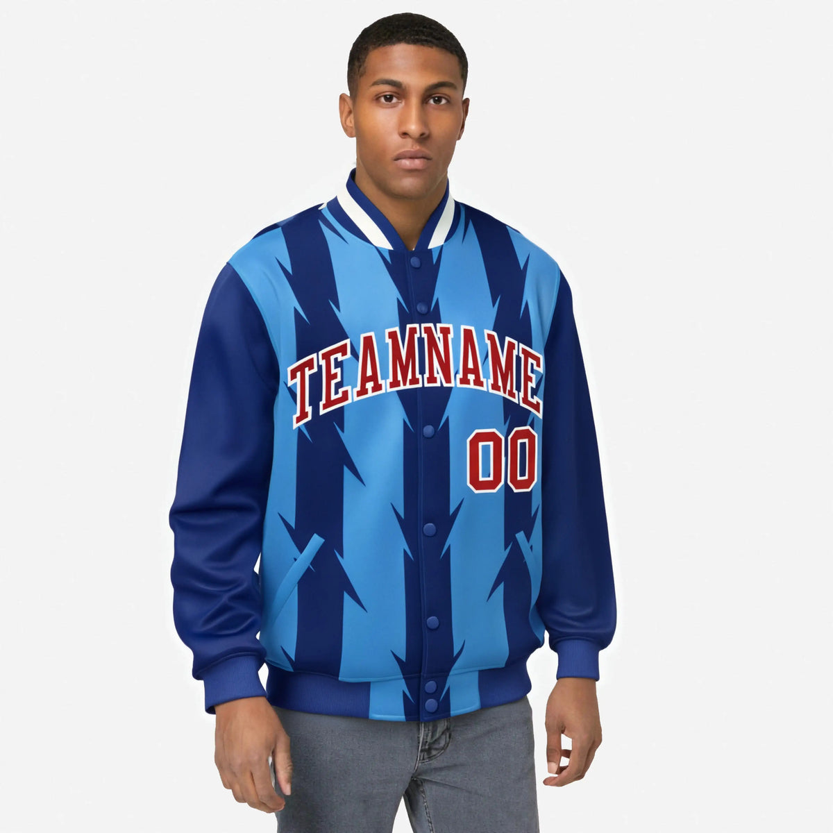 Custom Royal Blue Powder-Blue Red-White Blade Graffiti Pattern Varsity Full-Snap Jacket