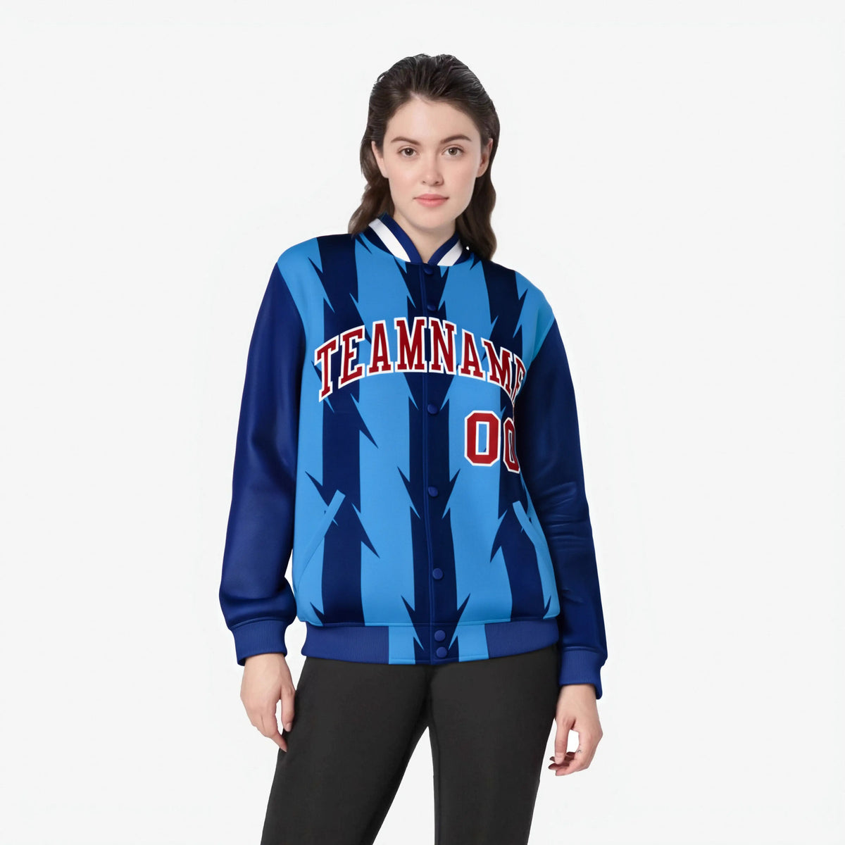 Custom Royal Blue Powder-Blue Red-White Blade Graffiti Pattern Varsity Full-Snap Jacket