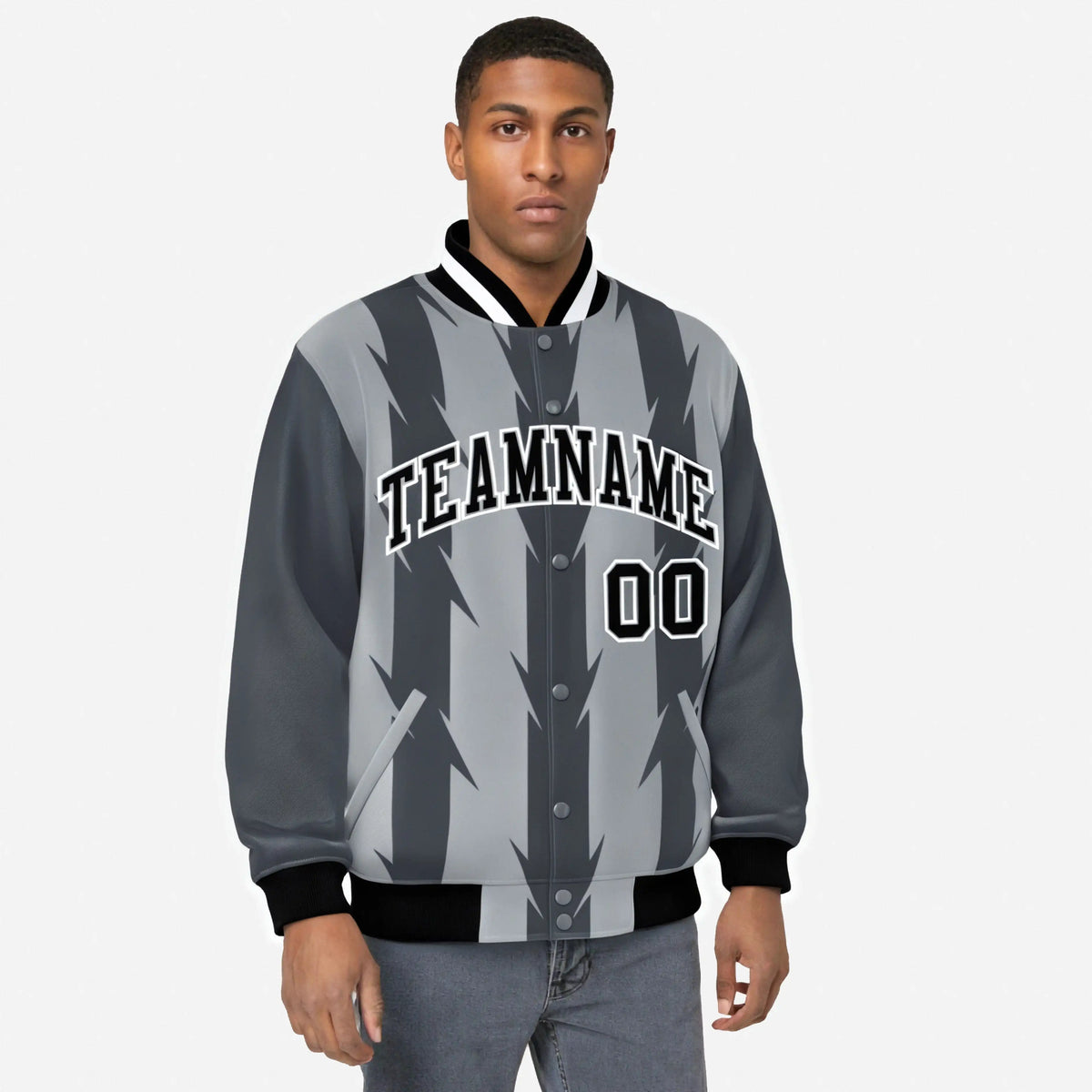 Custom Gray Dark Gray Black-White Blade Graffiti Pattern Varsity Full-Snap Jacket