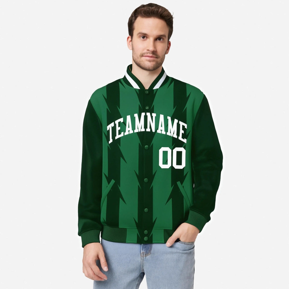 Custom Green Kelly Green-White Blade Graffiti Pattern Varsity Full-Snap Jacket