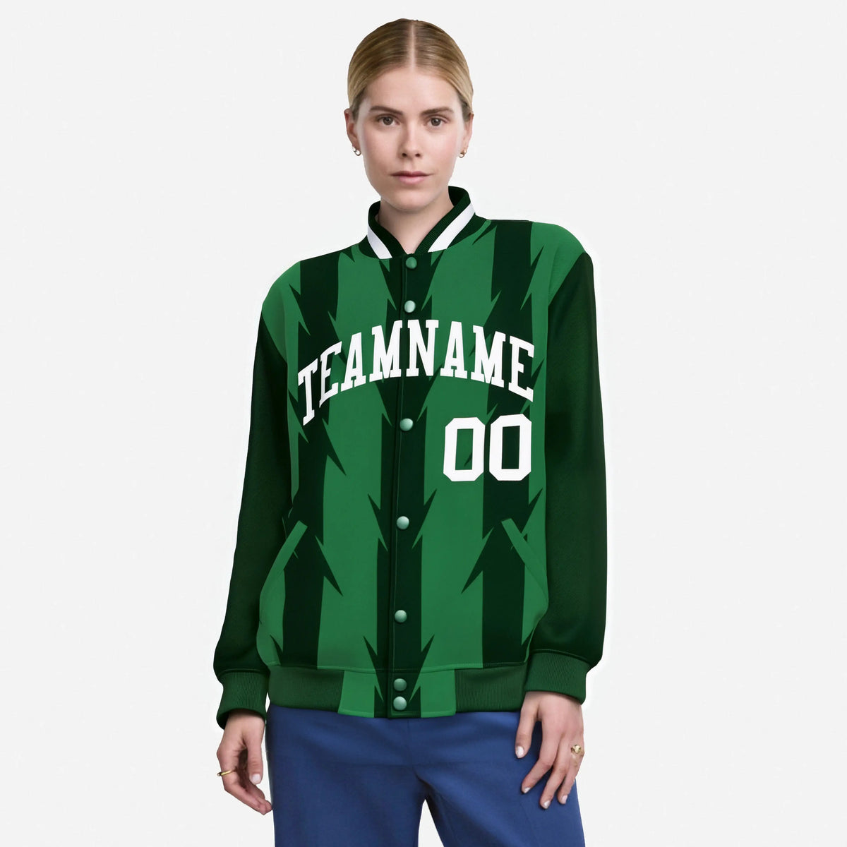 Custom Green Kelly Green-White Blade Graffiti Pattern Varsity Full-Snap Jacket