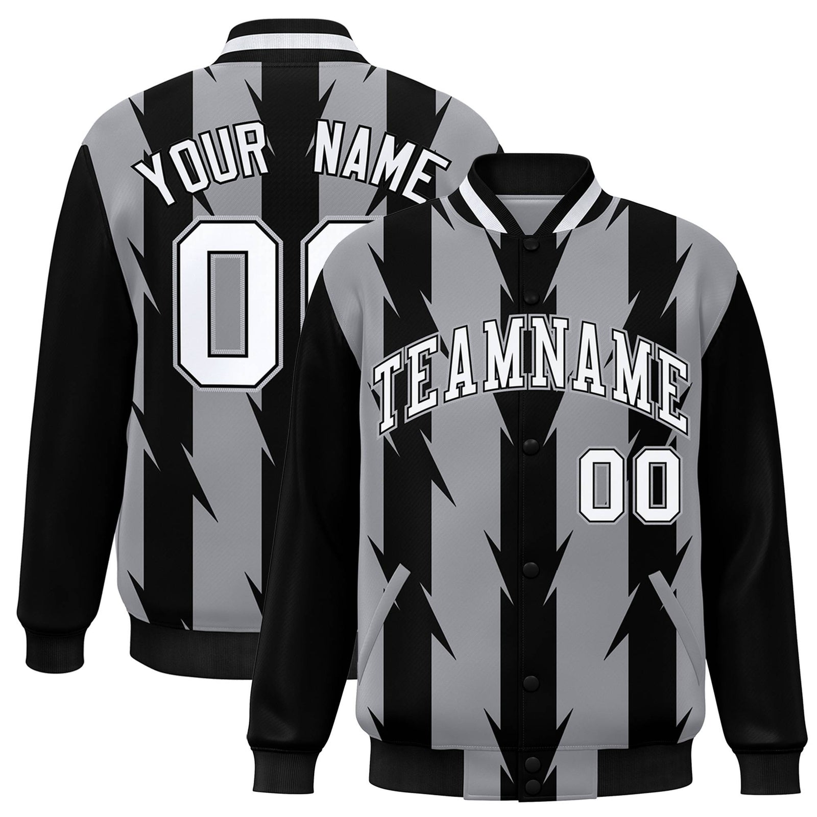 Custom Gray Black-White Blade Graffiti Pattern Varsity Full-Snap Jacket