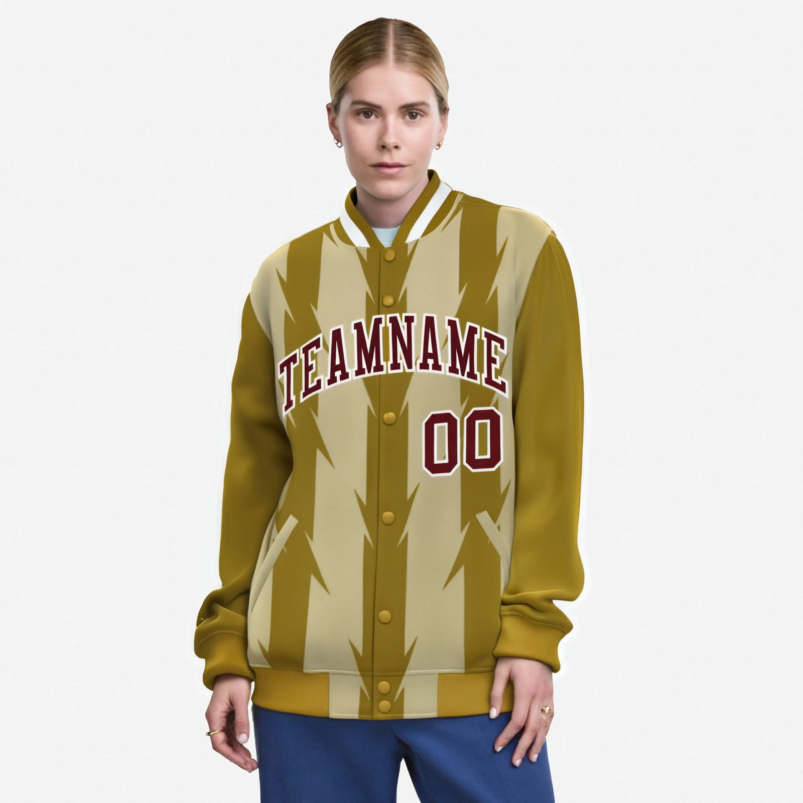 Custom Old Gold Khaki-Crimson Blade Graffiti Pattern Varsity Full-Snap Jacket