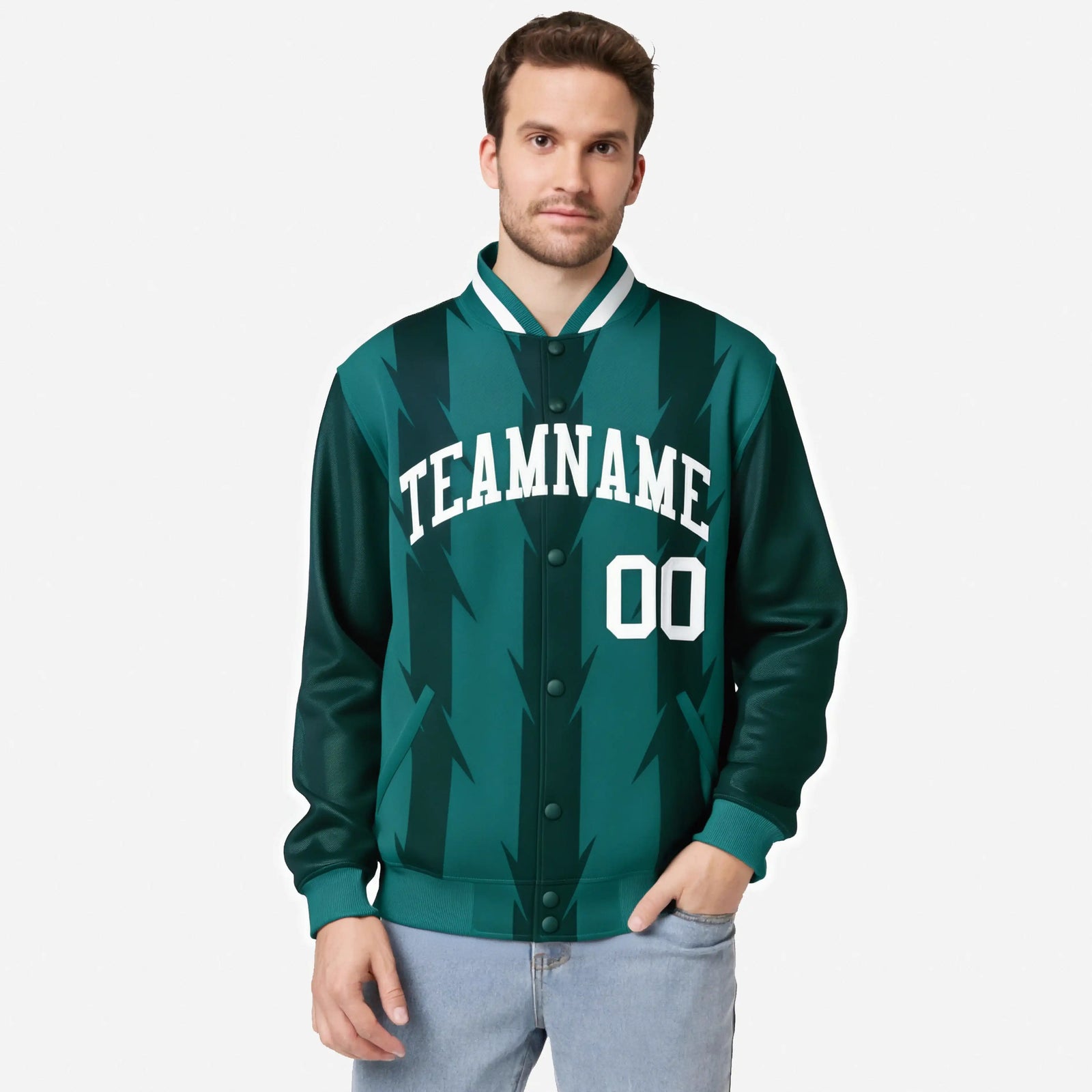 Custom Green Aqua-White Blade Graffiti Pattern Varsity Full-Snap Jacket