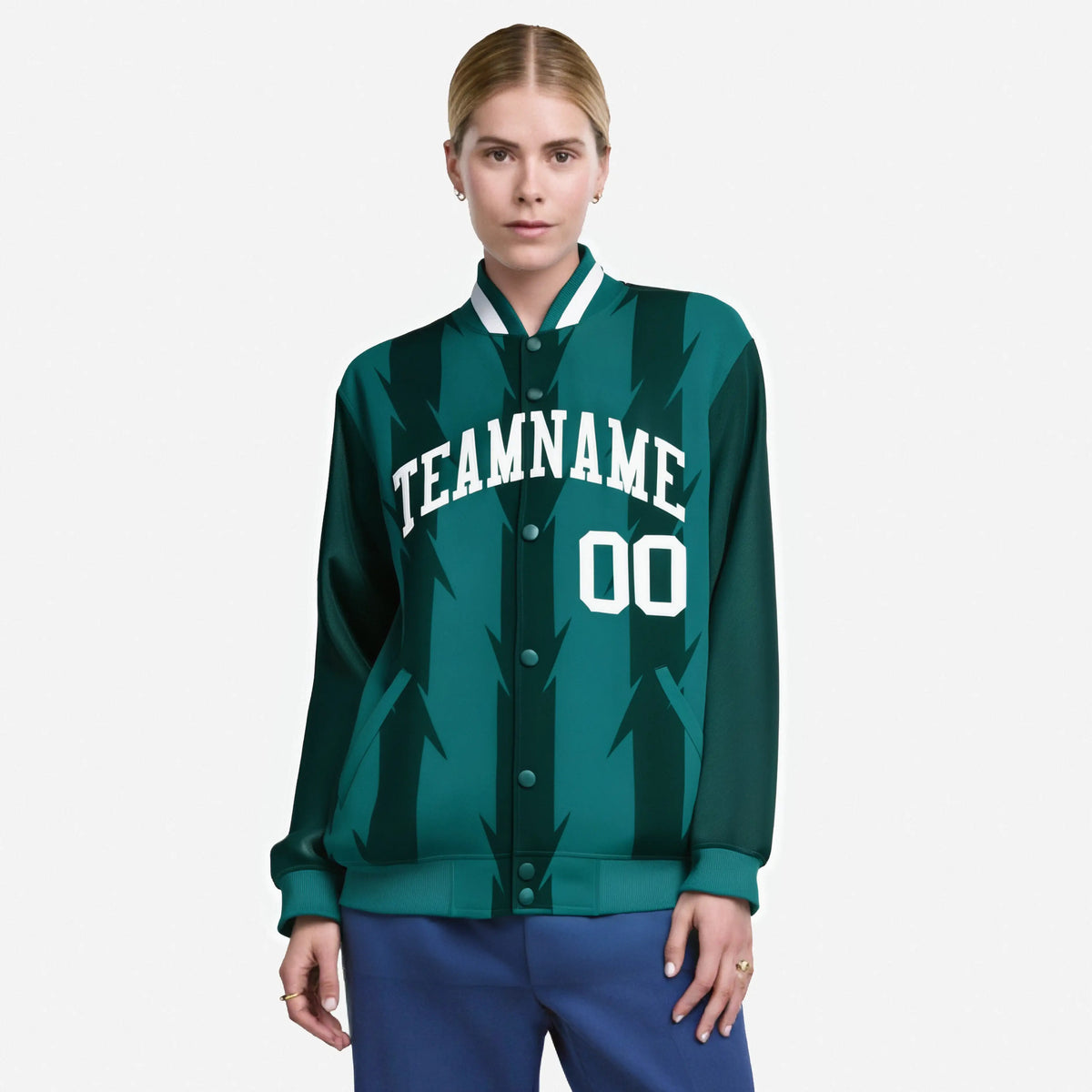 Custom Green Aqua-White Blade Graffiti Pattern Varsity Full-Snap Jacket