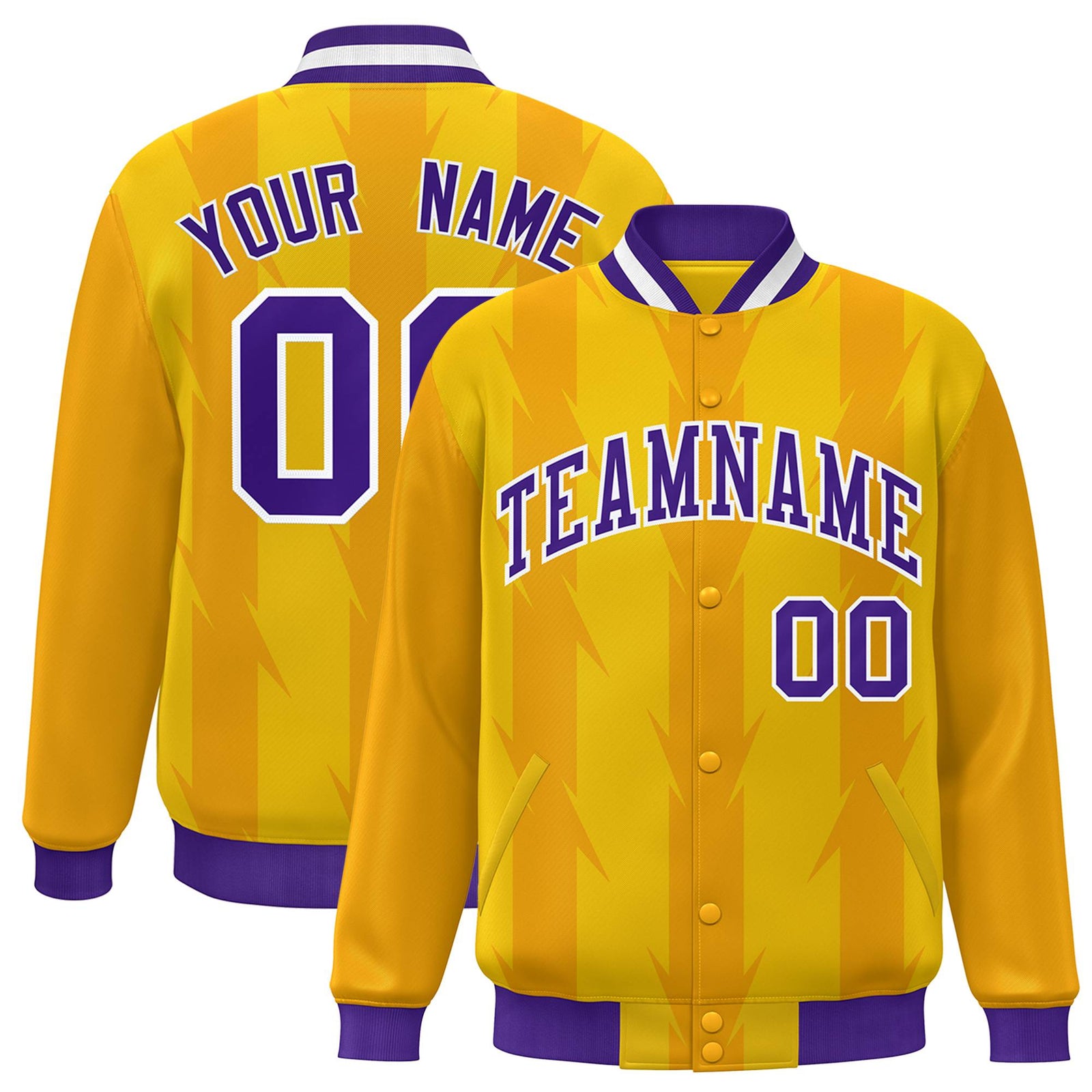 Custom Gold Yellow Purple-White Blade Graffiti Pattern Varsity Full-Snap Jacket