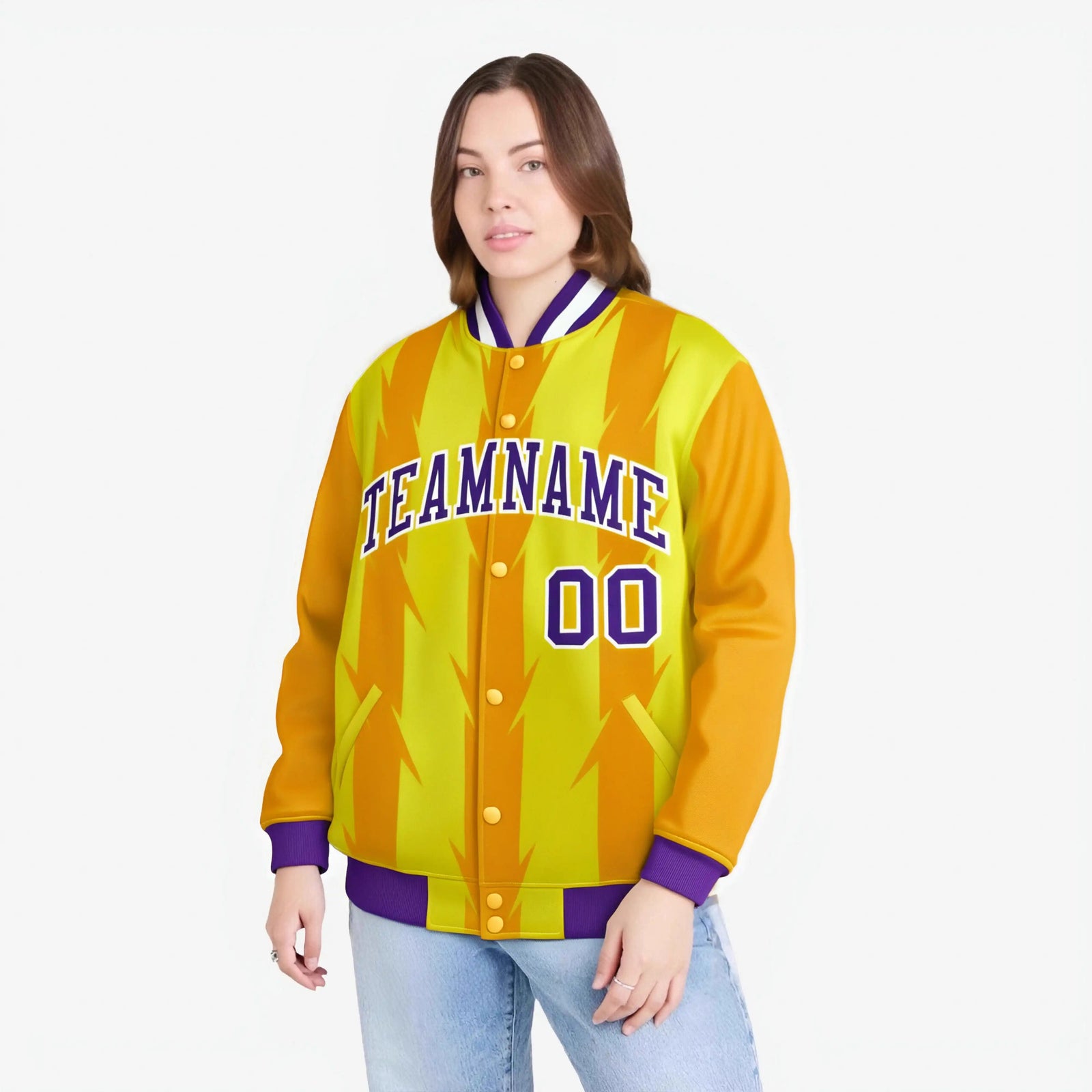 Custom Gold Yellow Purple-White Blade Graffiti Pattern Varsity Full-Snap Jacket