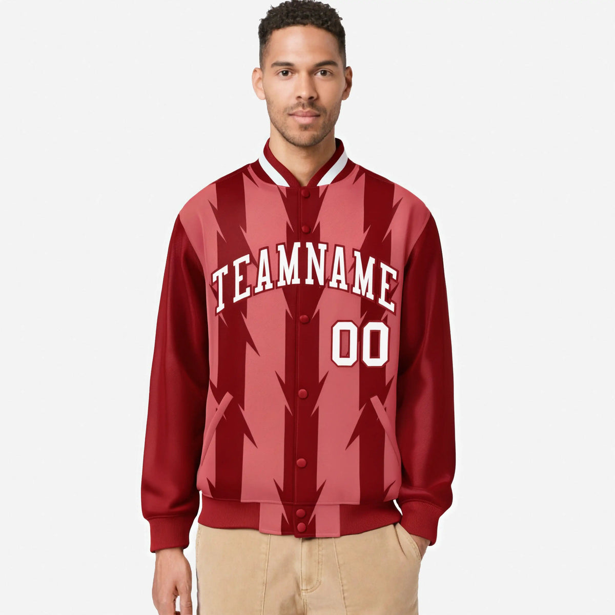 Custom Light Red Red-White Blade Graffiti Pattern Varsity Full-Snap Jacket