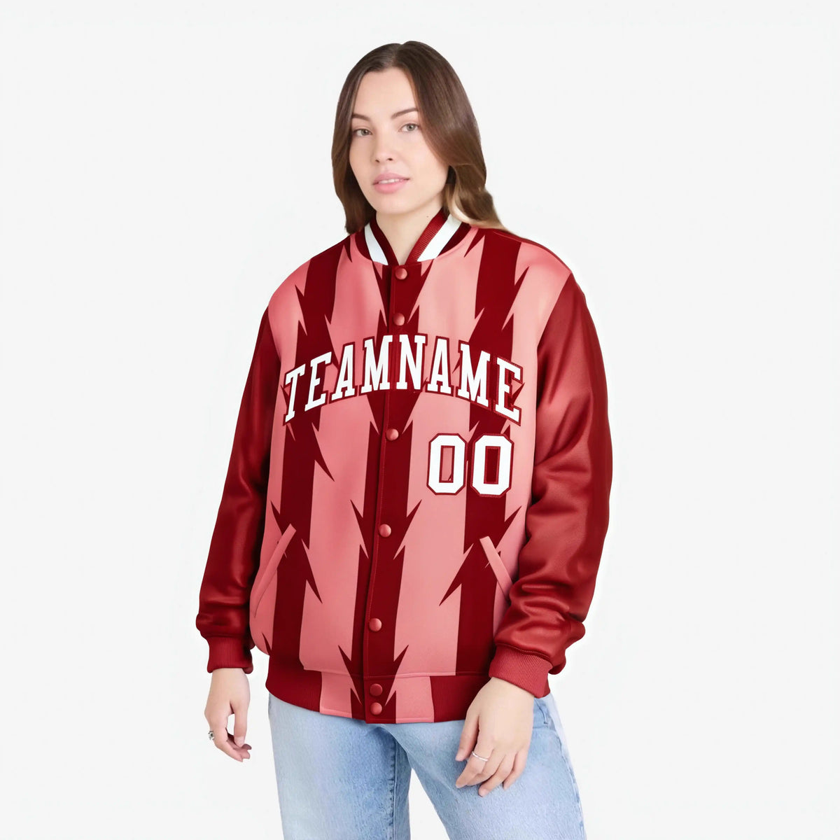 Custom Light Red Red-White Blade Graffiti Pattern Varsity Full-Snap Jacket