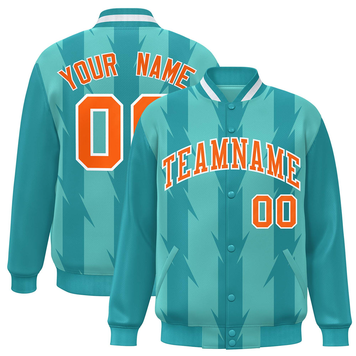 Custom Teal Aqua Orange-White Blade Graffiti Pattern Varsity Full-Snap Jacket