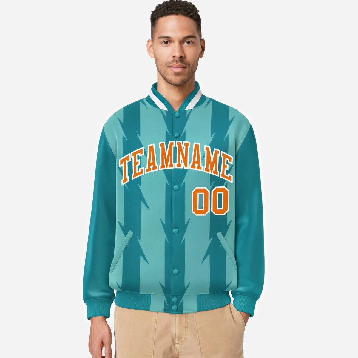 Custom Teal Aqua Orange-White Blade Graffiti Pattern Varsity Full-Snap Jacket