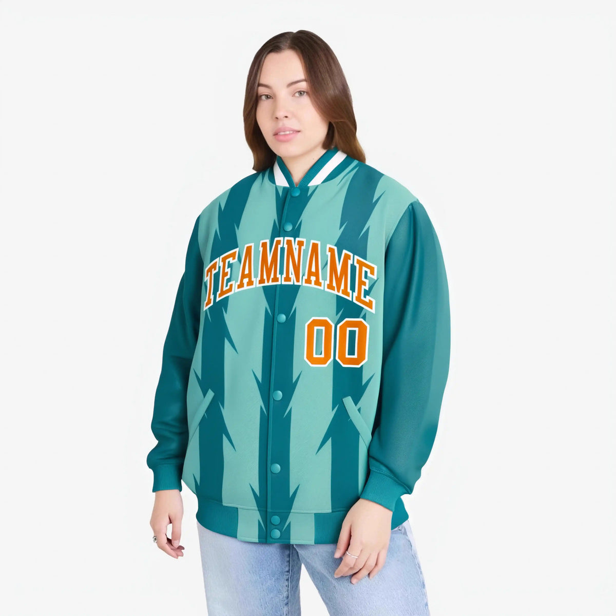 Custom Teal Aqua Orange-White Blade Graffiti Pattern Varsity Full-Snap Jacket