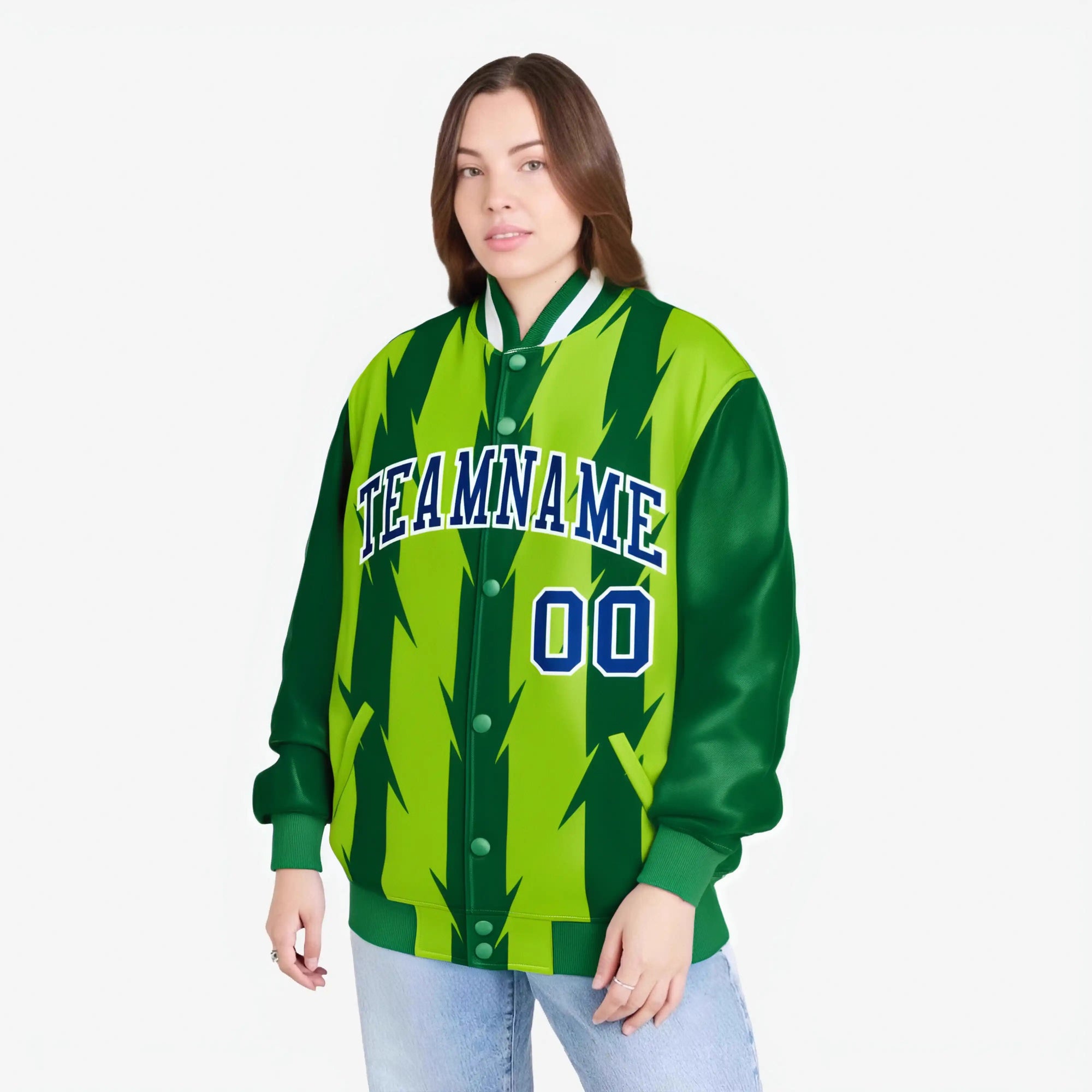 Custom Neon Green Kelly Green Royal Blue-White Blade Graffiti Pattern Varsity Full-Snap Jacket