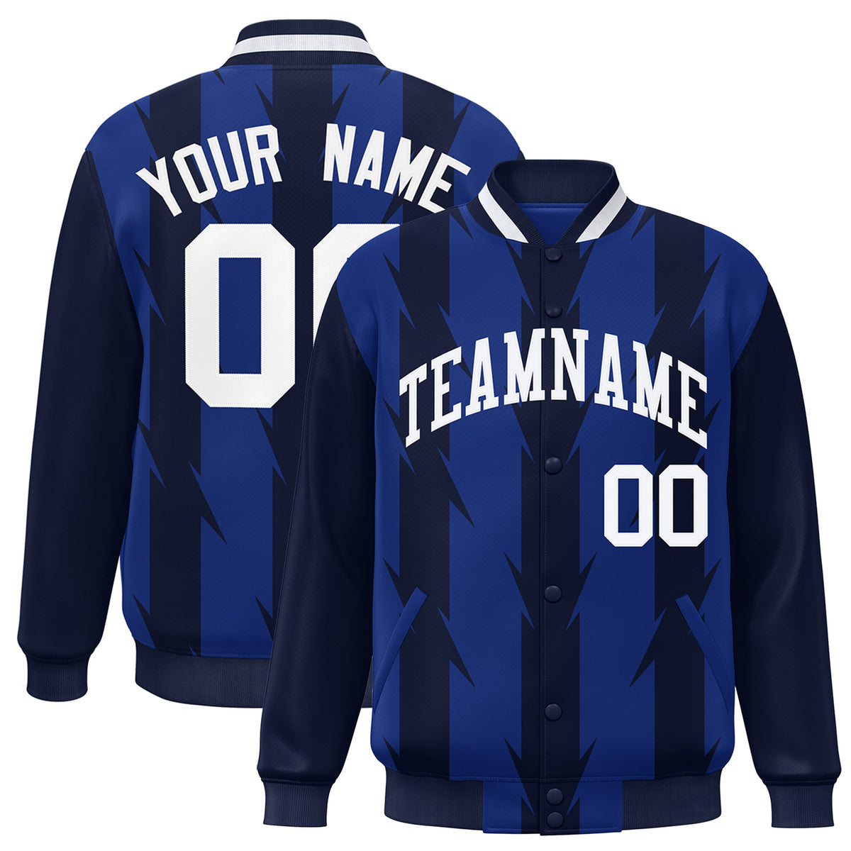 Custom Royal Blue Navy-White Blade Graffiti Pattern Varsity Full-Snap Jacket