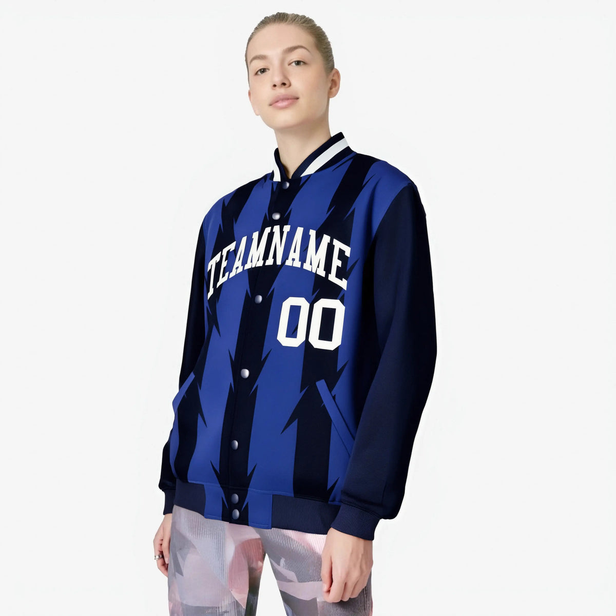 Custom Royal Blue Navy-White Blade Graffiti Pattern Varsity Full-Snap Jacket