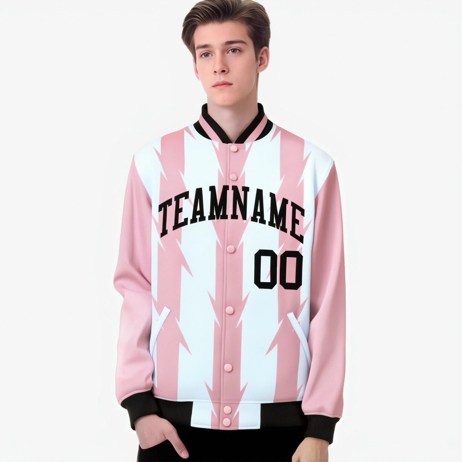 Custom White Light Pink-Black Blade Graffiti Pattern Varsity Full-Snap Jacket