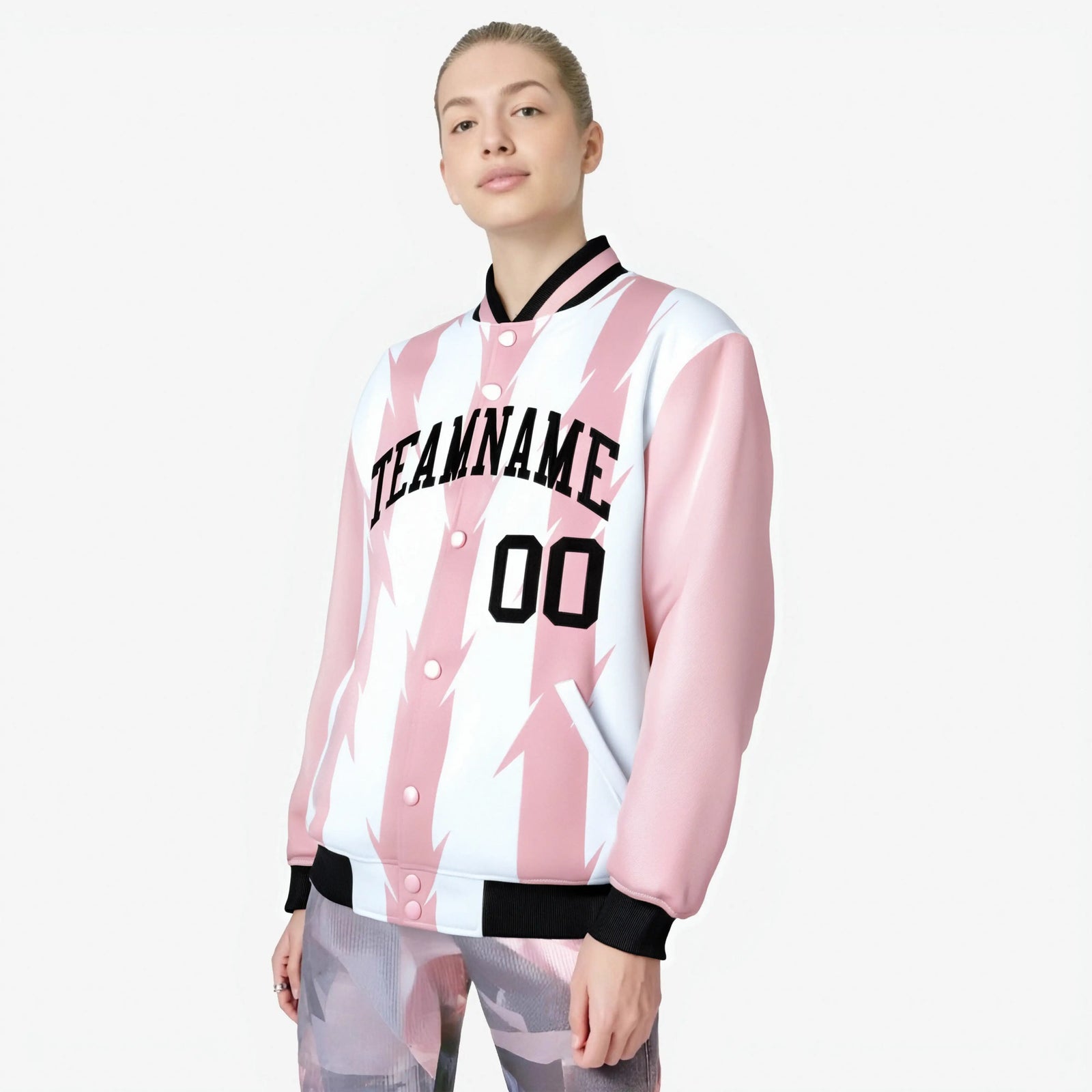 Custom White Light Pink-Black Blade Graffiti Pattern Varsity Full-Snap Jacket