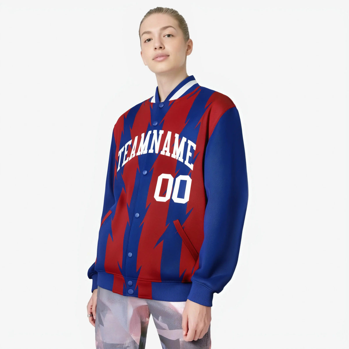 Custom Red Royal Blue-White Blade Graffiti Pattern Varsity Full-Snap Jacket