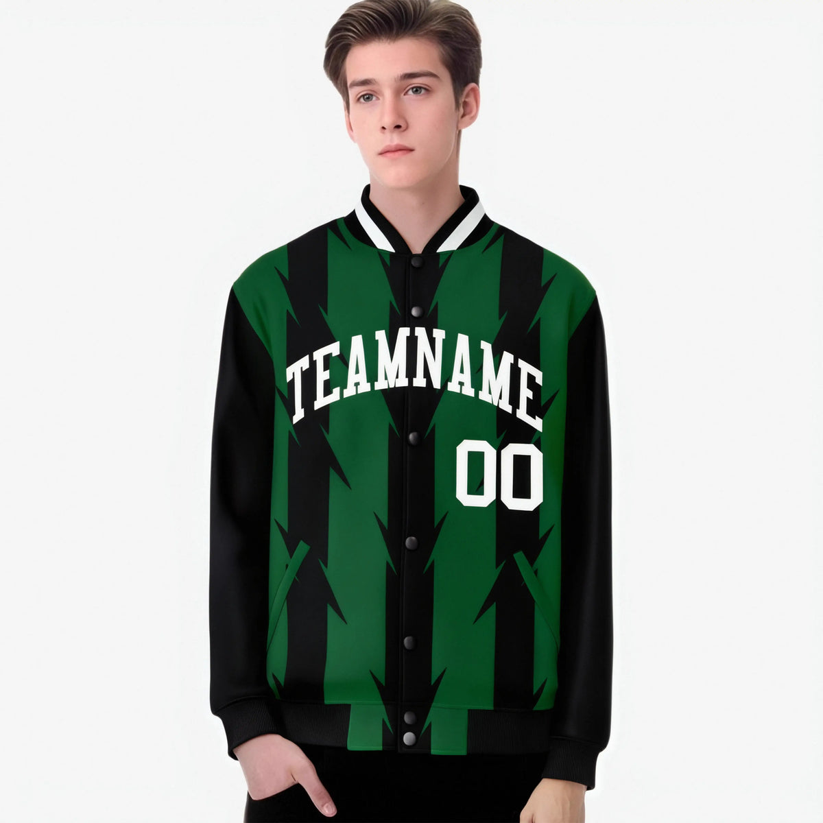 Custom Green Black-White Blade Graffiti Pattern Varsity Full-Snap Jacket