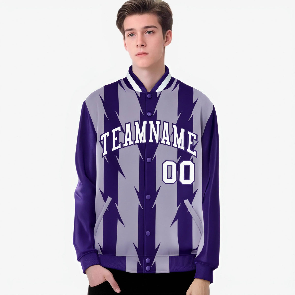 Custom Light Purple Purple-White Blade Graffiti Pattern Varsity Full-Snap Jacket
