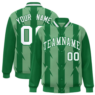 Chaqueta universitaria personalizada con cierre completo, color verde Kelly, verde brillante, con estampado de grafiti de cuchillas blancas - Estilo 1