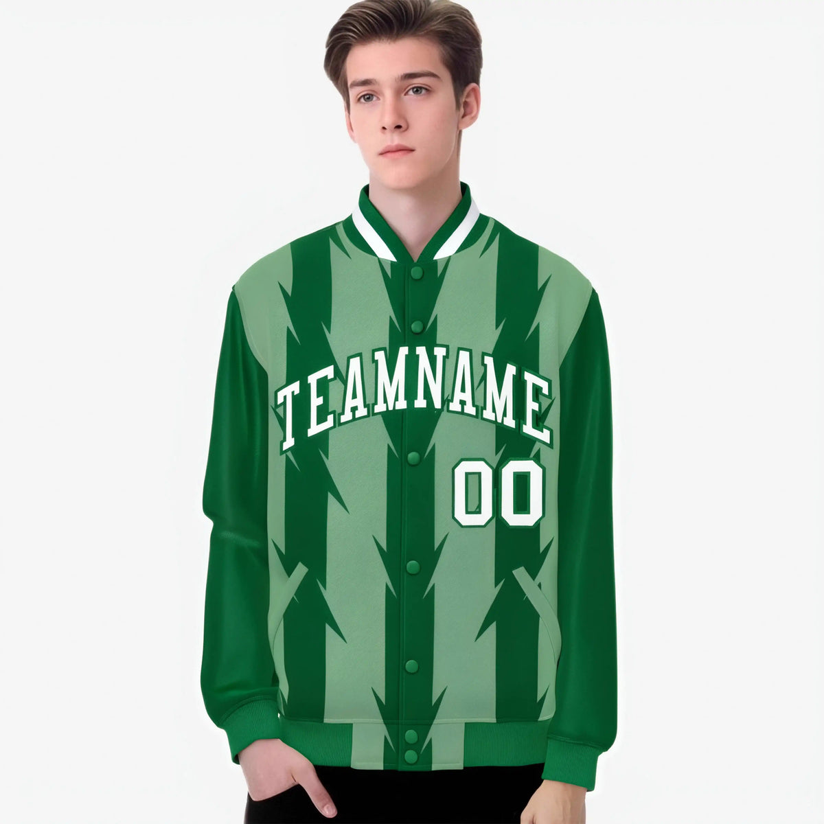 Custom Bright Green Kelly Green-White Blade Graffiti Pattern Varsity Full-Snap Jacket