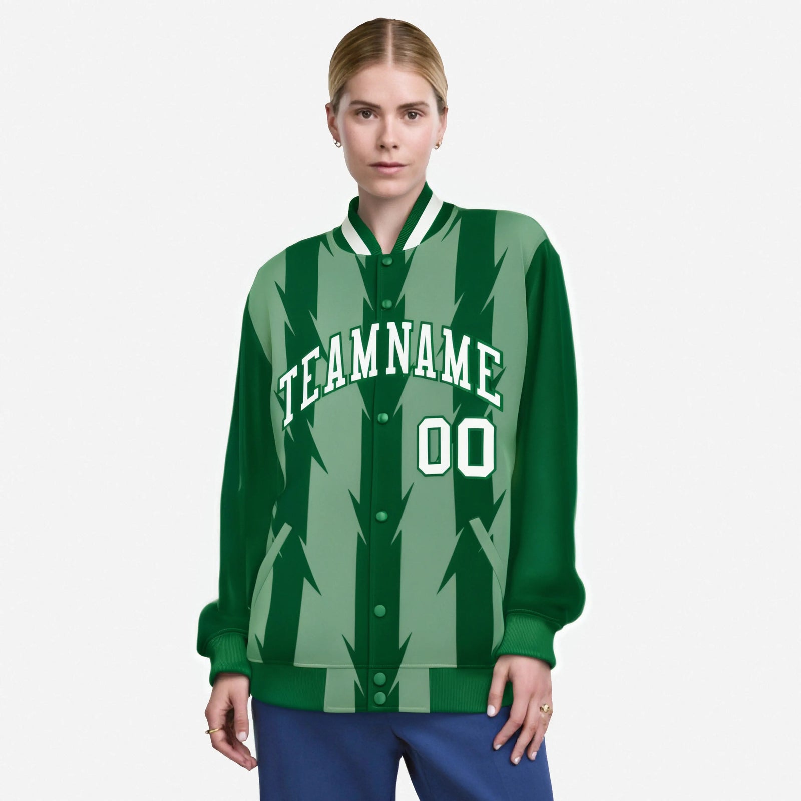 Custom Bright Green Kelly Green-White Blade Graffiti Pattern Varsity Full-Snap Jacket