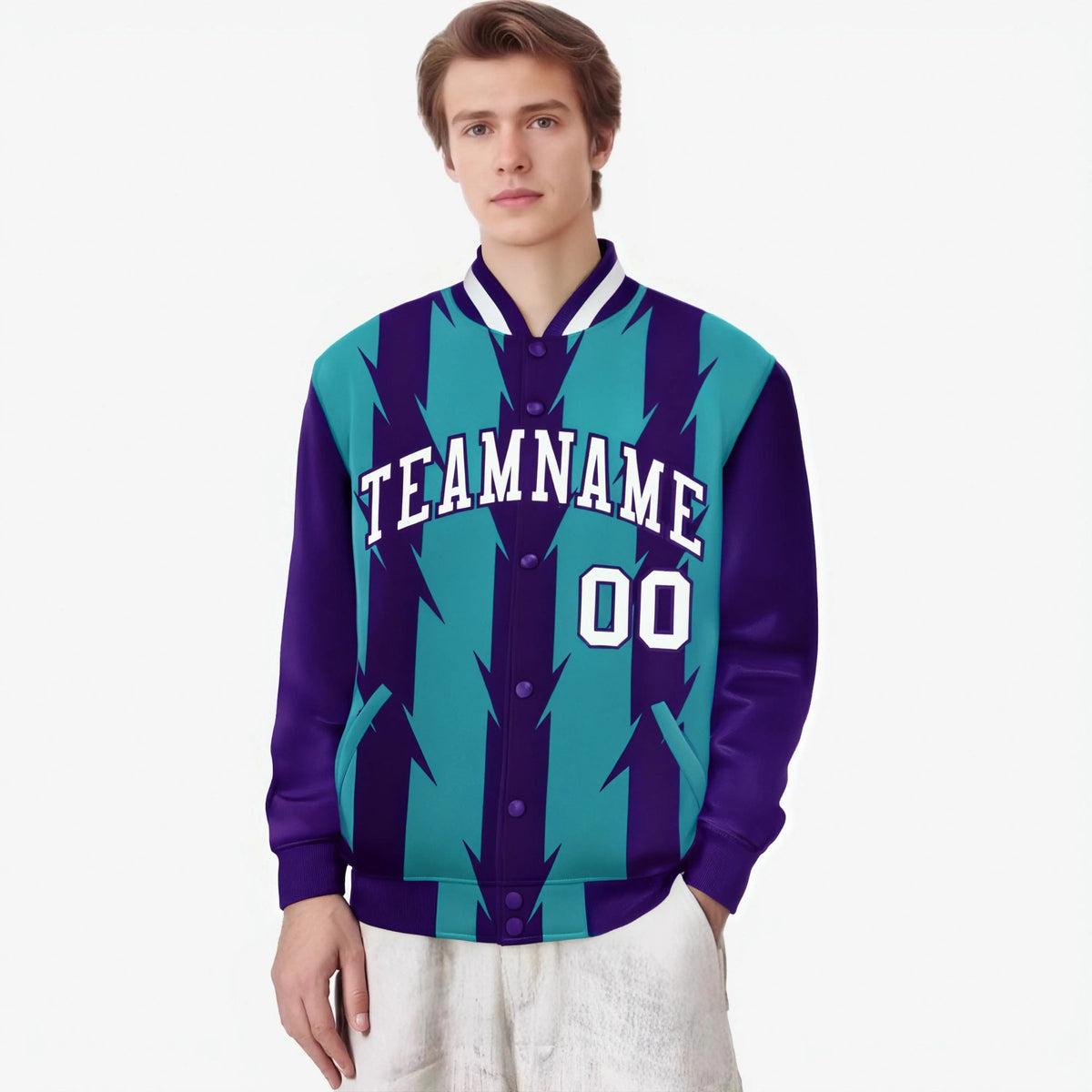 Custom Aqua Purple-White Blade Graffiti Pattern Varsity Full-Snap Jacket