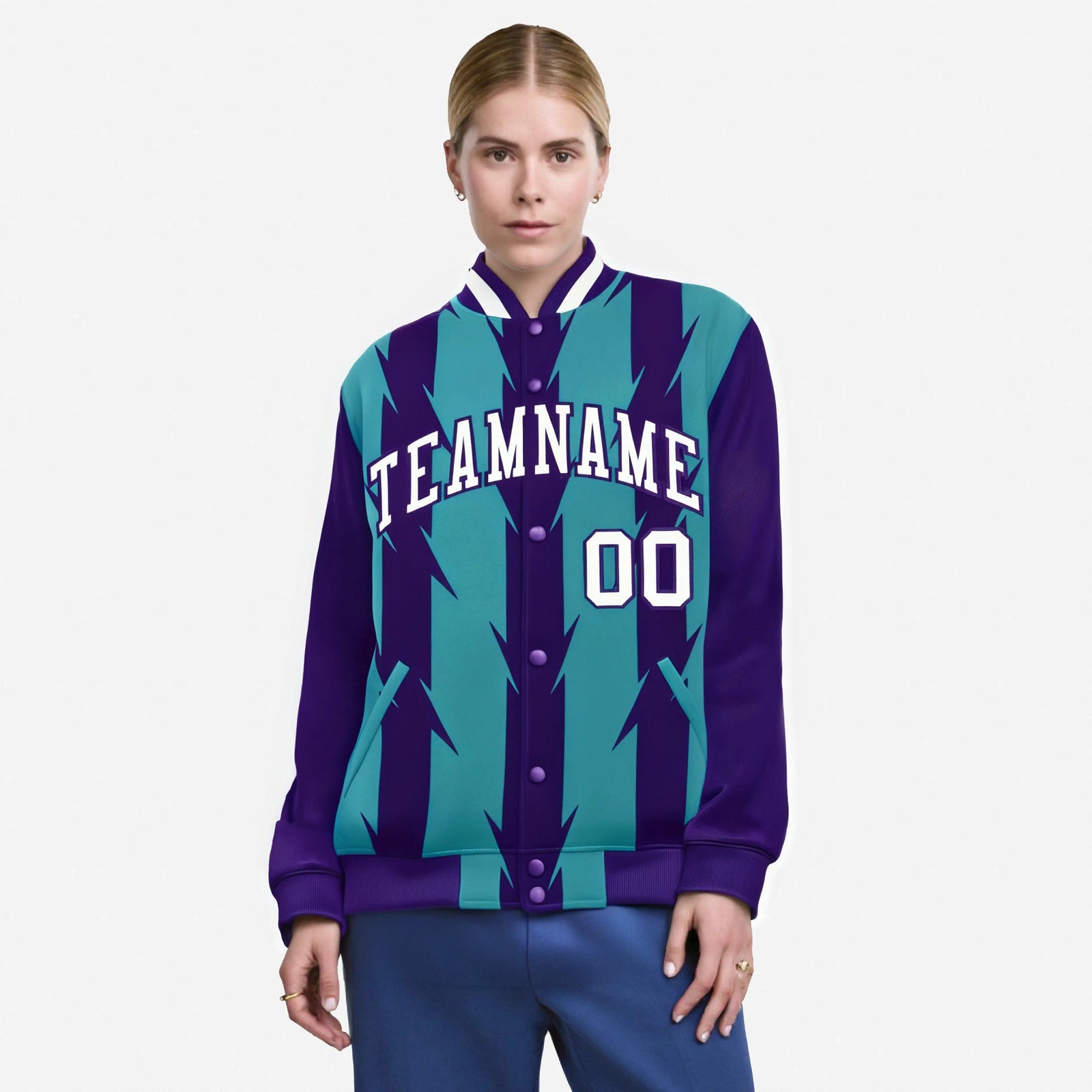 Custom Aqua Purple-White Blade Graffiti Pattern Varsity Full-Snap Jacket