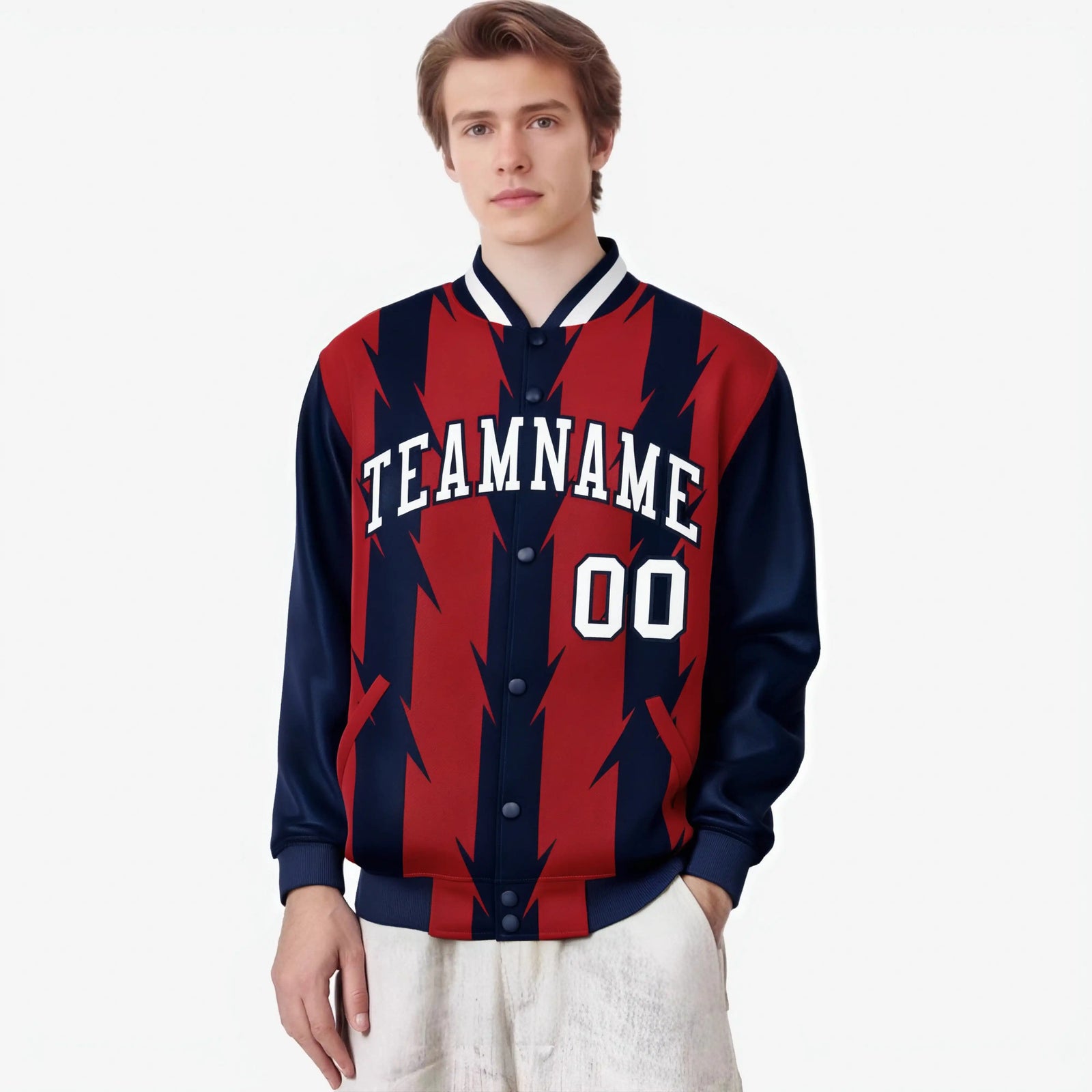 Custom Red Navy-White Blade Graffiti Pattern Varsity Full-Snap Jacket